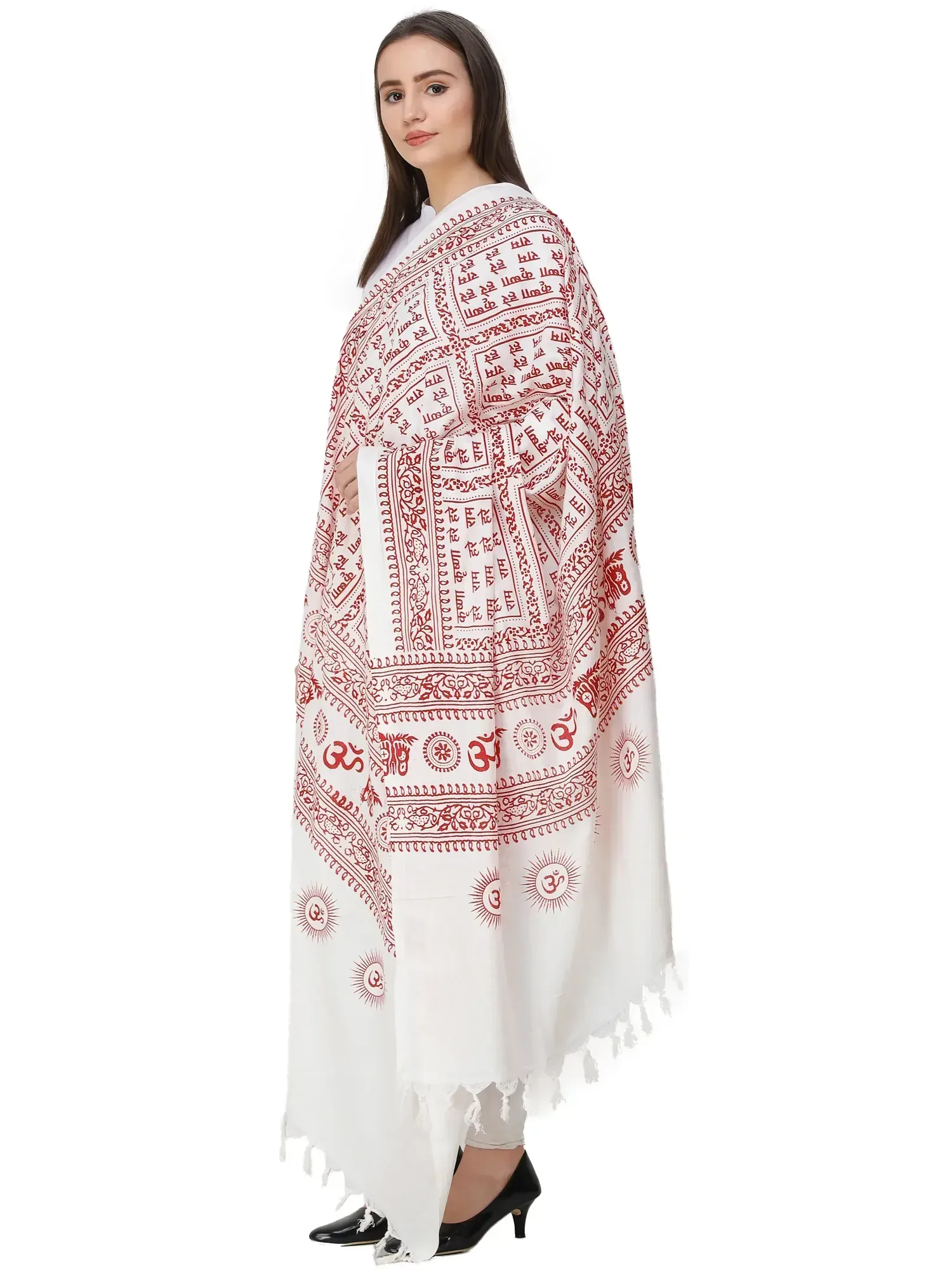 Hare Ram Hare Krishna Prayer Shawl from Banaras | Poly Cotton Religious Clothes, alternate view