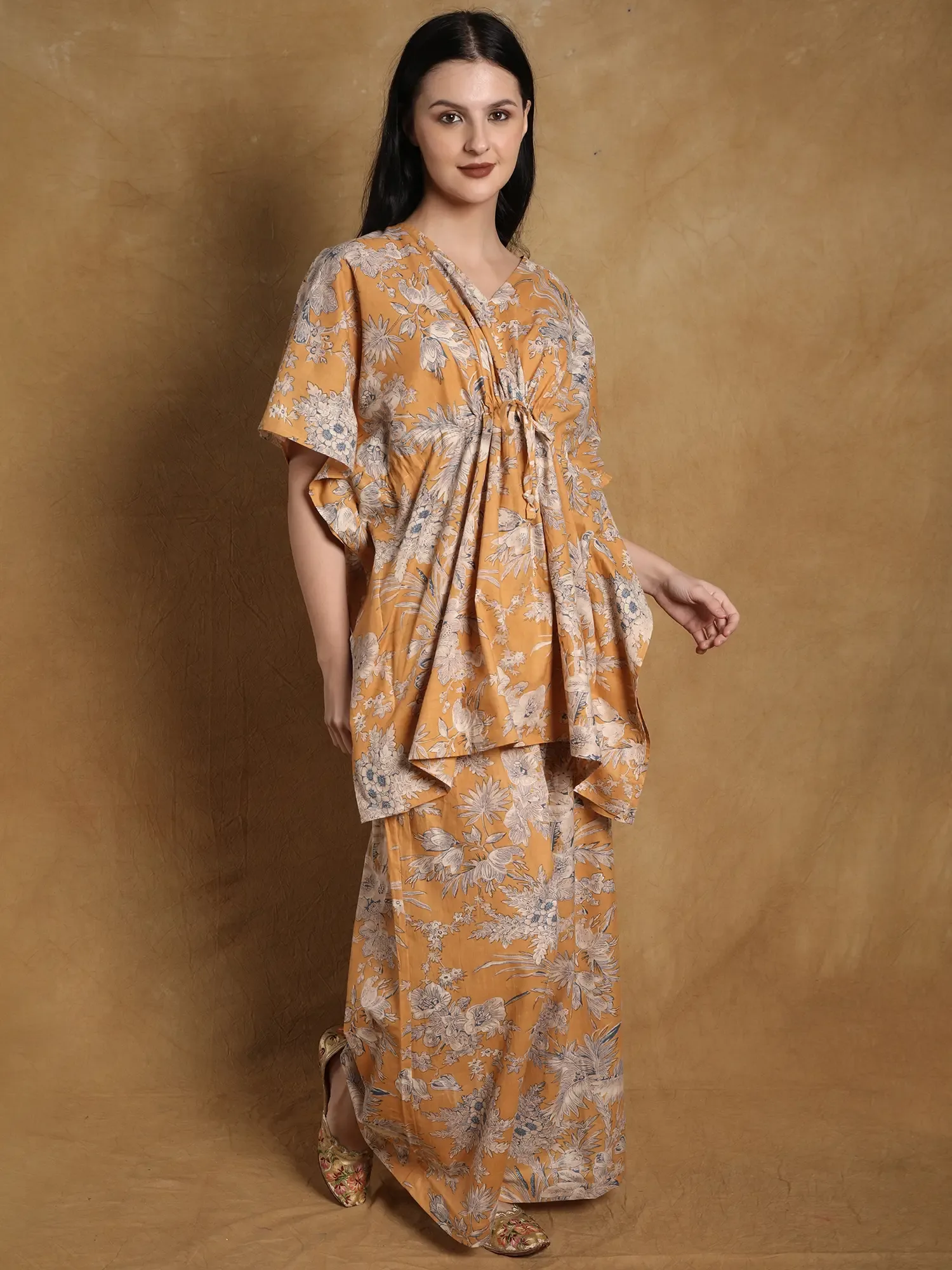 Honey-Yellow Pure Cotton Kaftan Style Co-Ord Set with Floral Print, alternate view
