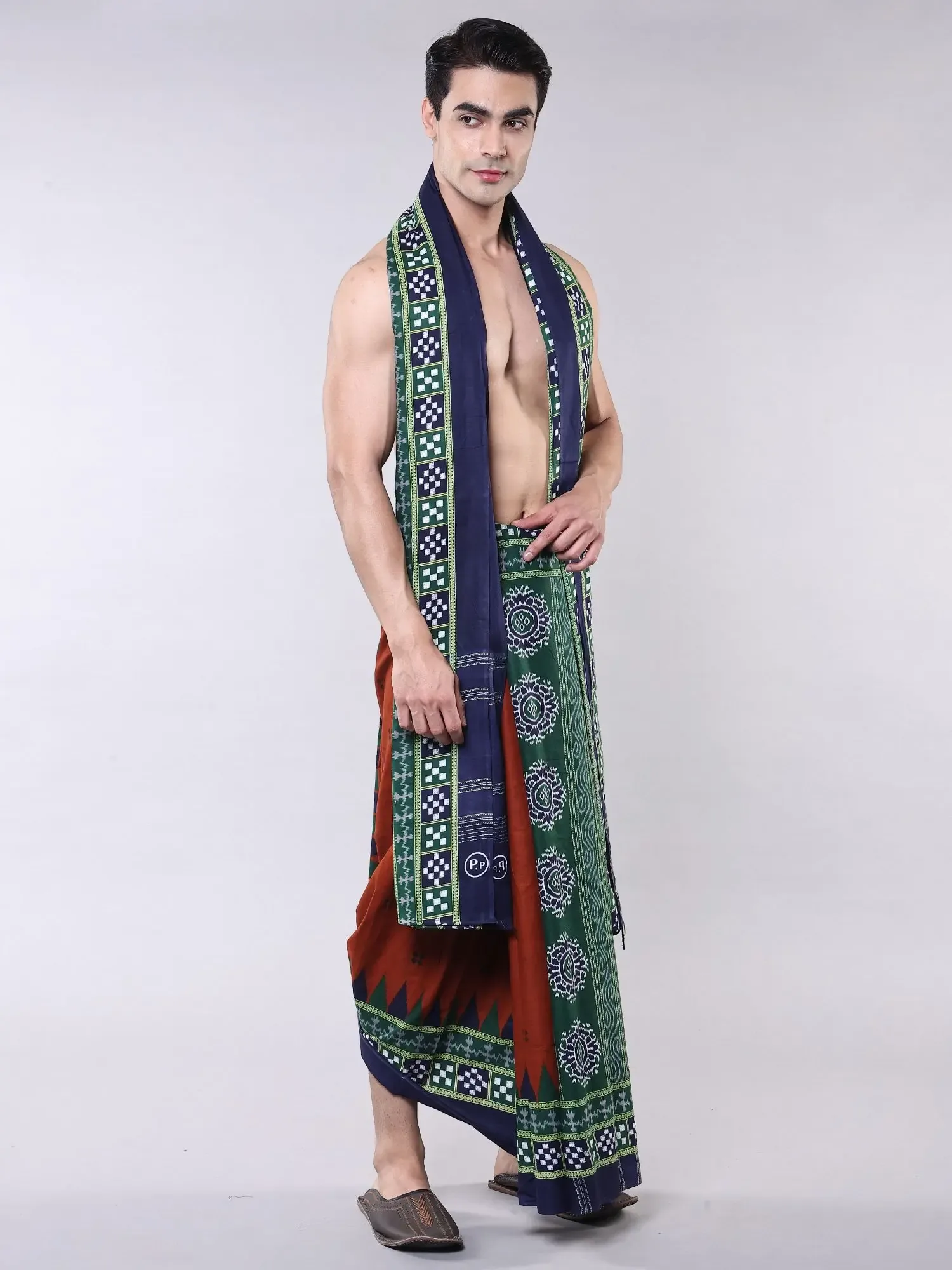 Ikat Temple Border Dhoti and Angavastram Set with Printed Chakra-Bootis from Sambalpur, alternate view