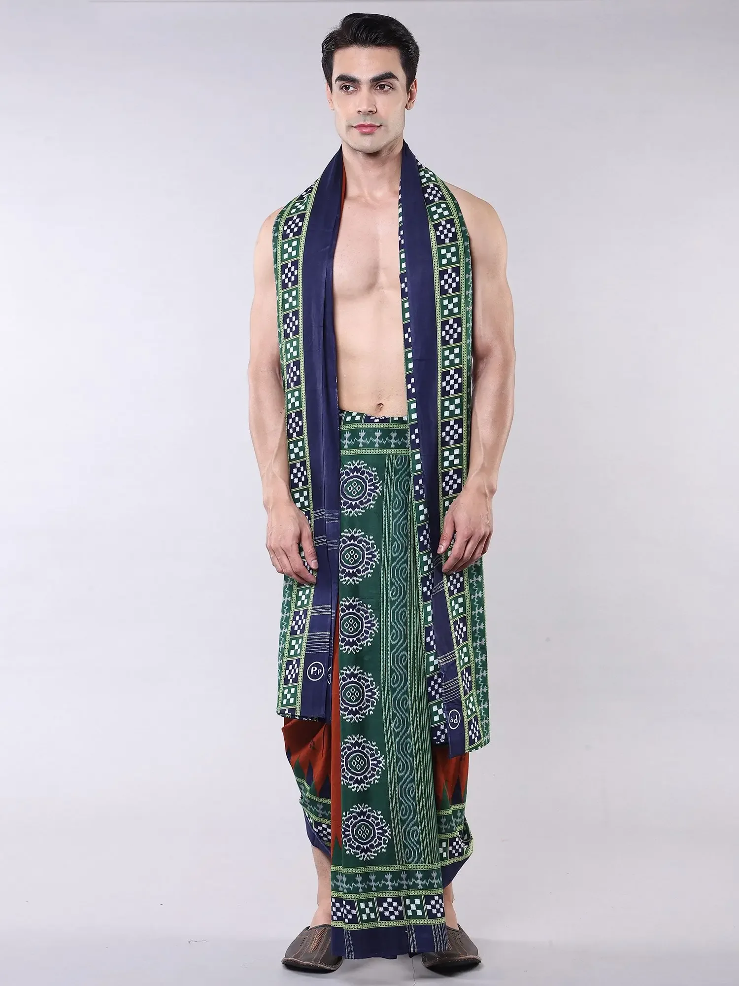 Ikat Temple Border Dhoti and Angavastram Set with Printed Chakra-Bootis from Sambalpur