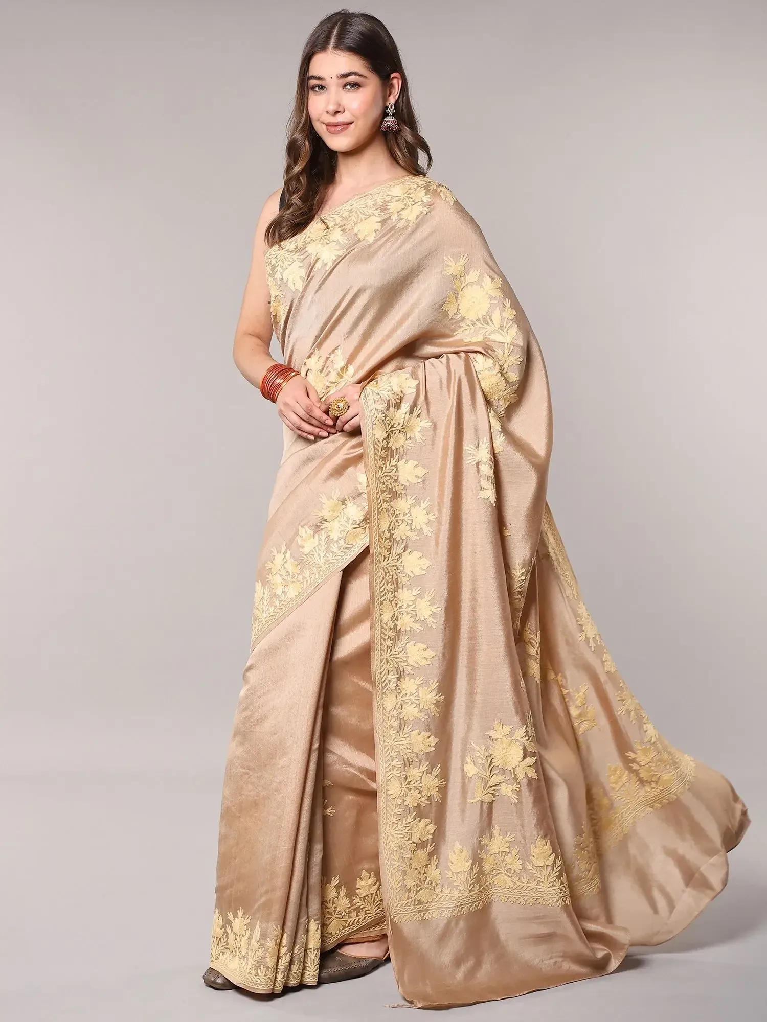 Irish-Cream Kashmiri Saree with Aari Embroidered Floral Motifs and Maple Border, alternate view