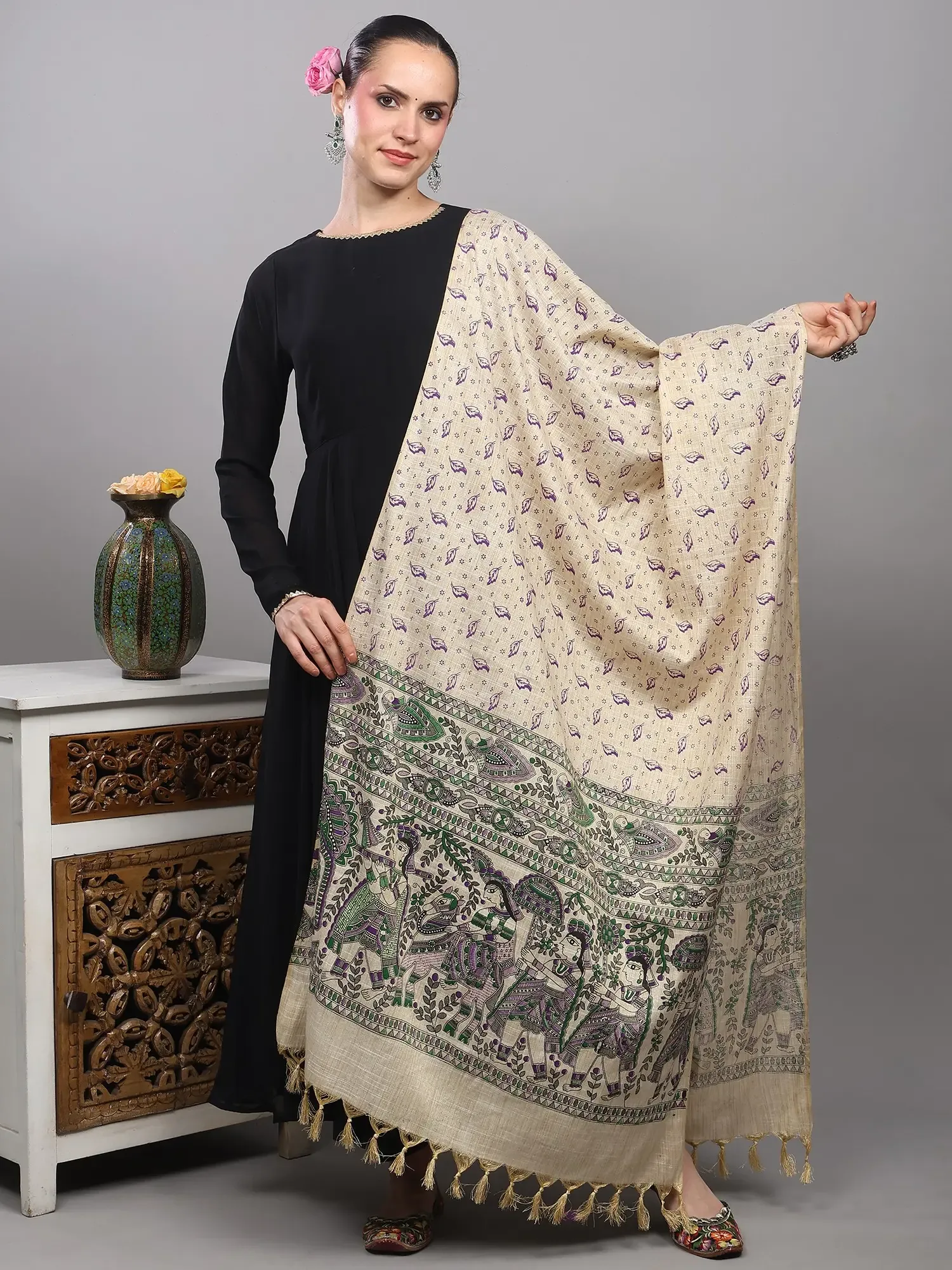 Khadi Beige Dupatta with Madhubani Art from Bihar