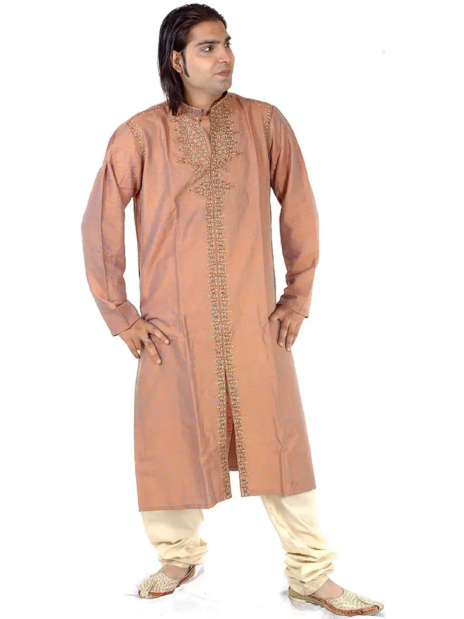 Khaki and Orange Kurta Pajama with All-Over Embroidery