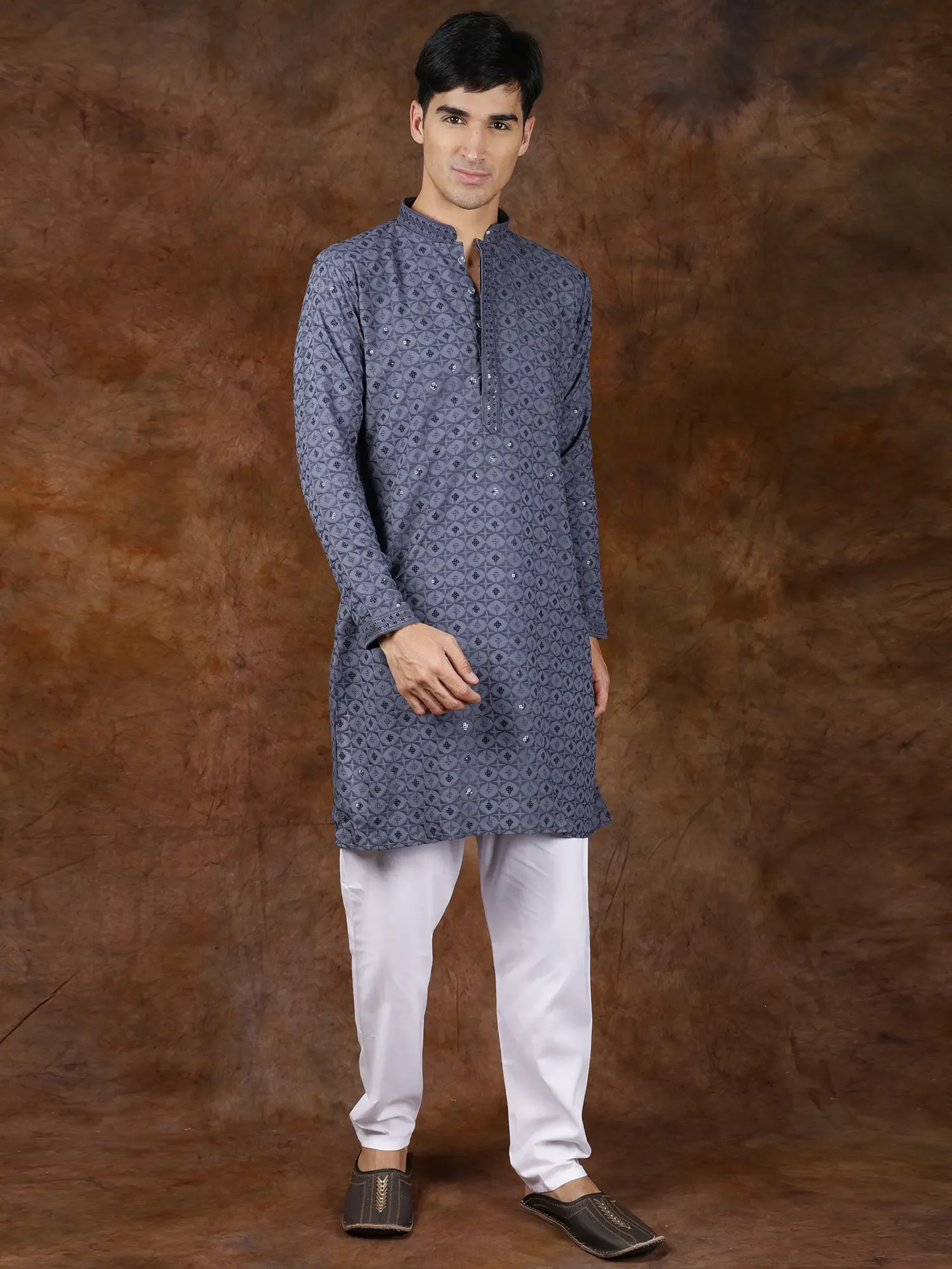 Kurta Pajama Set with Sequins and All-Over Thread Embroidery, alternate view