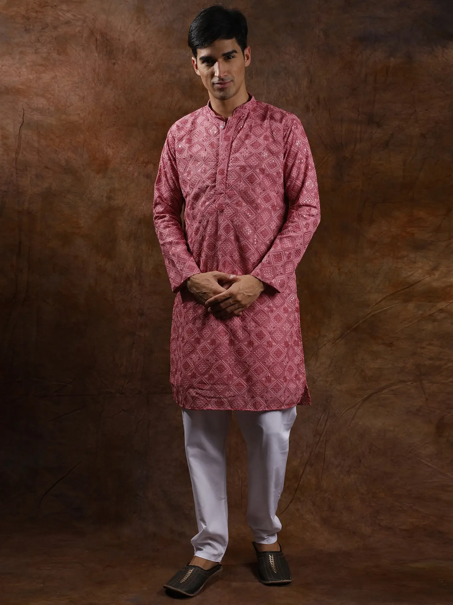 Lakhnavi Chikan Kurta Pajama Set with Metallic-Thread Embroidery