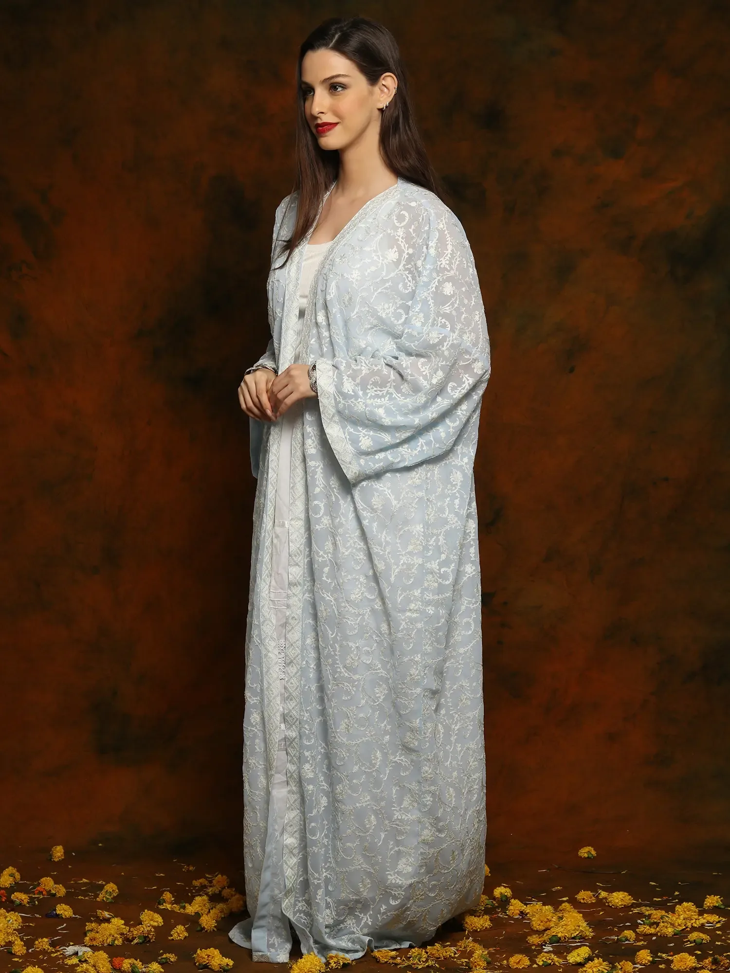 Light Blue Georgette Long Bisht with Detailed Floral and Paisley White Aari Embroidery, alternate view