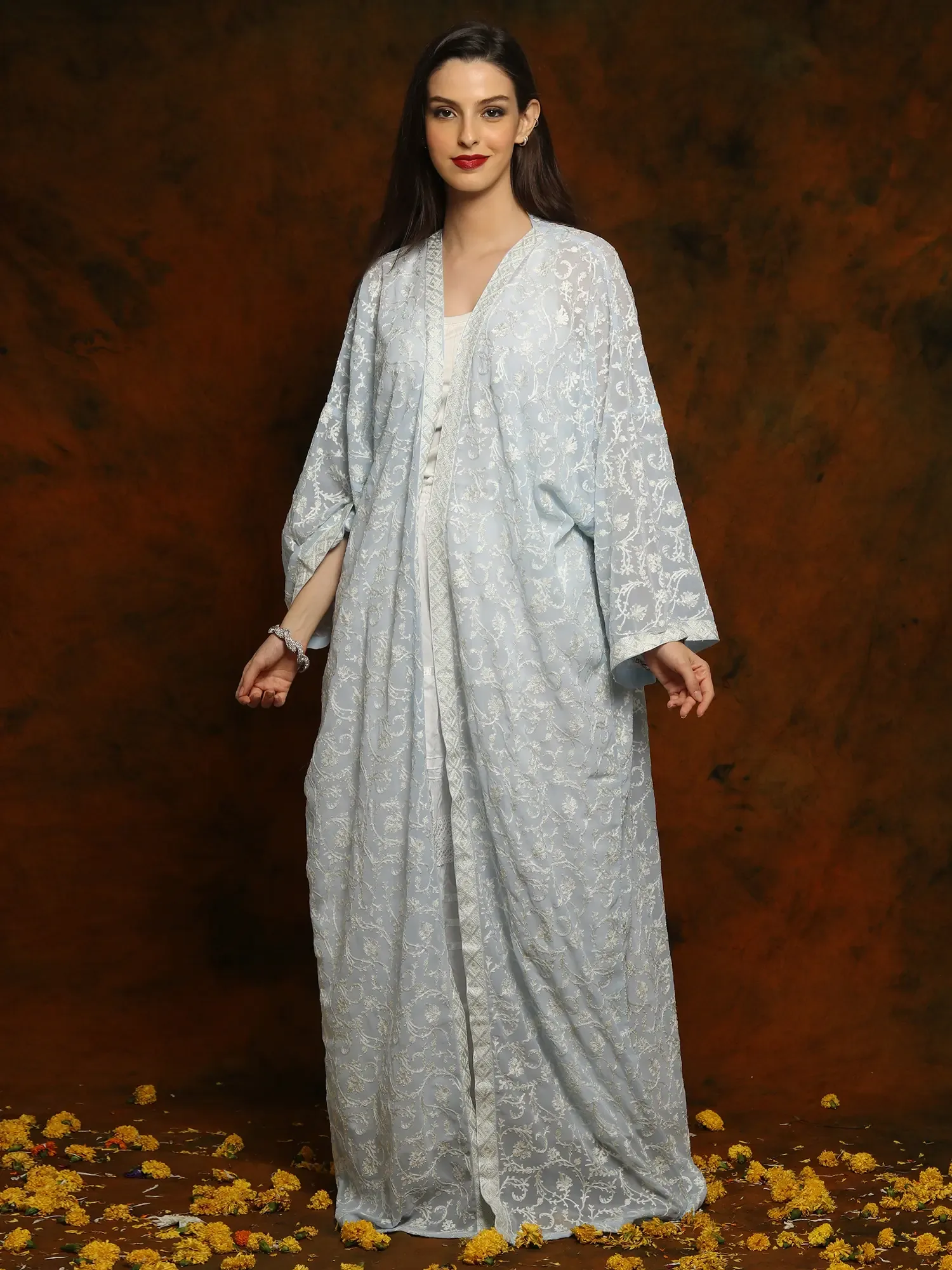 Light Blue Georgette Long Bisht with Detailed Floral and Paisley White Aari Embroidery