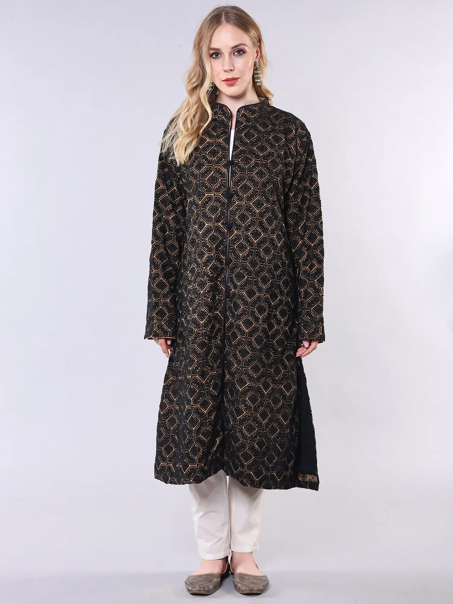Long Jacket from Kashmir with Aari Embroidery All-Over
