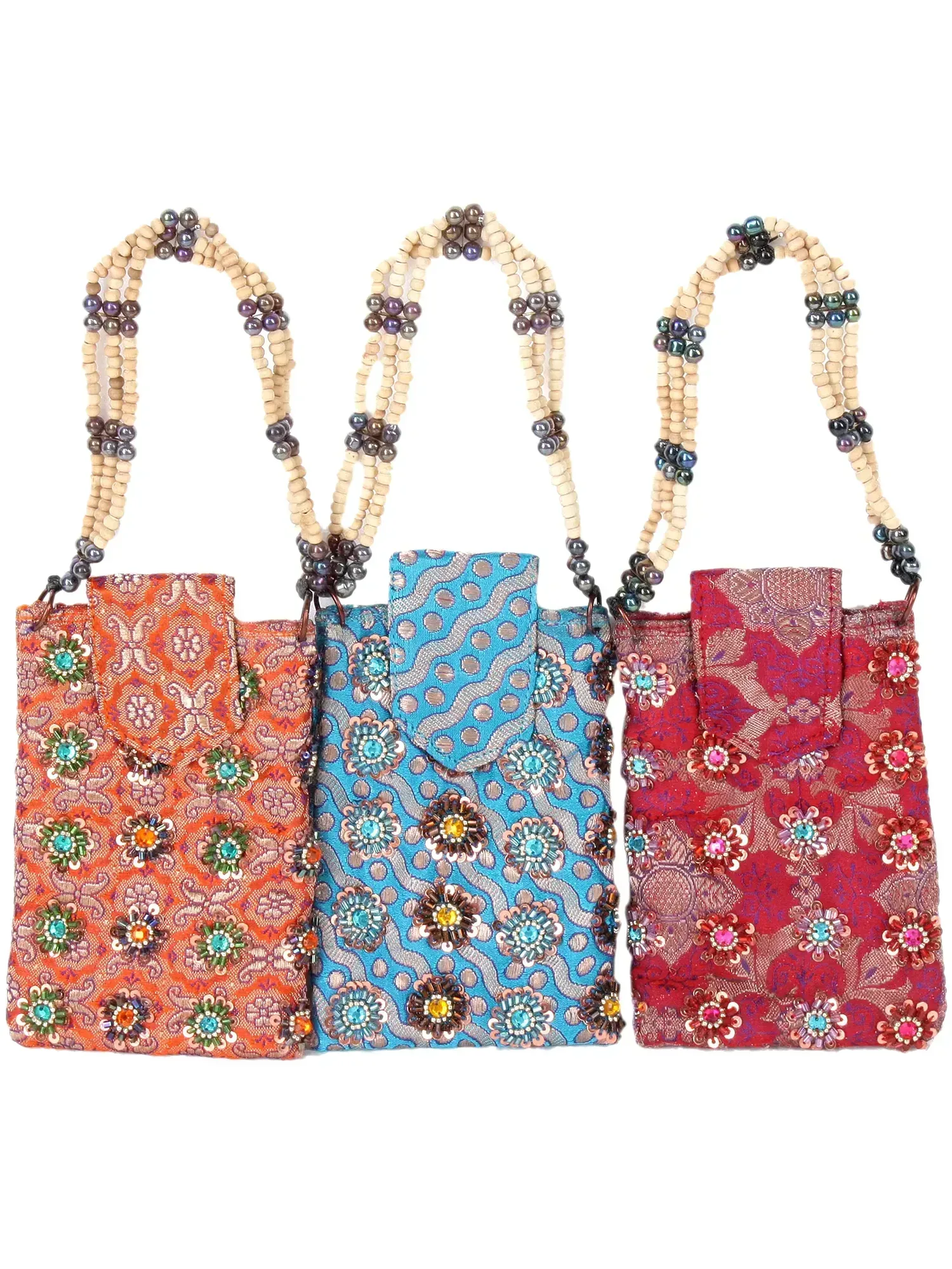 Lot of Three Beaded Mobile Bags from Banaras with Key Chain and Waist Hook