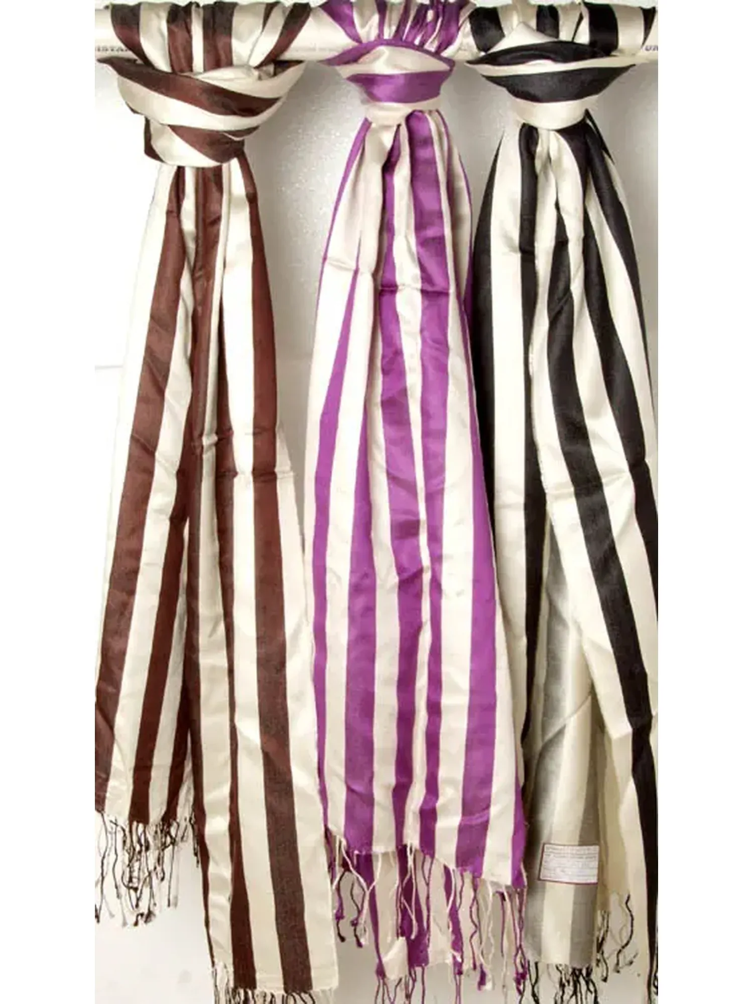 Lot of Three Ivory Striped Woven Scarves