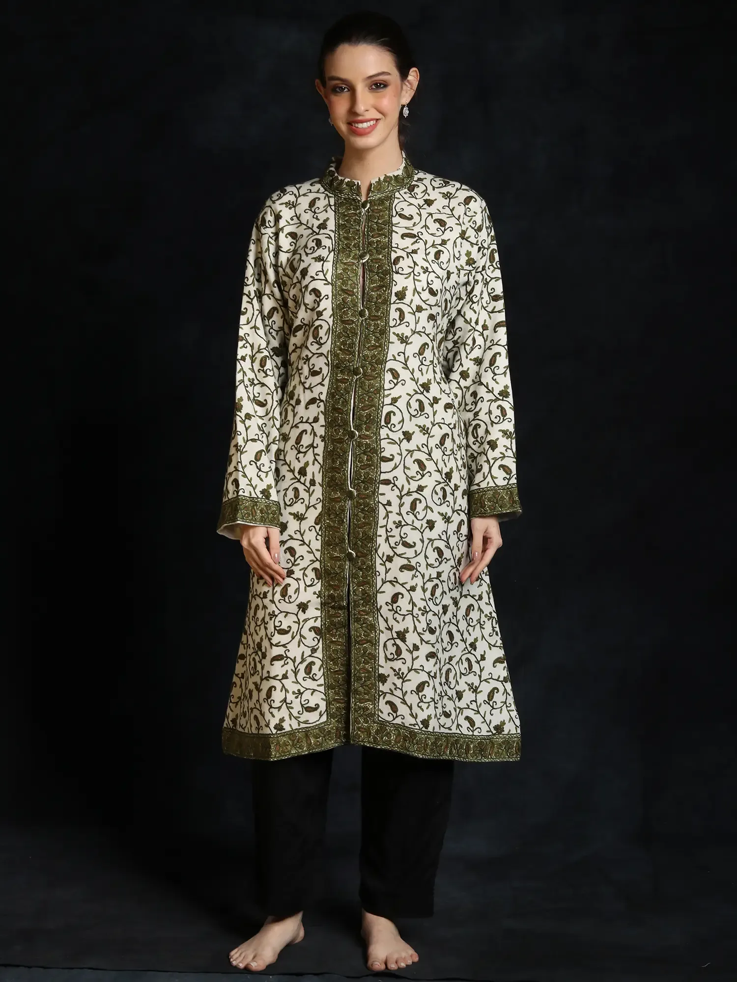 Lucent-White Paisley Jaal Pattern Hand Aari-Embroidered Pure Wool Long Jacket
