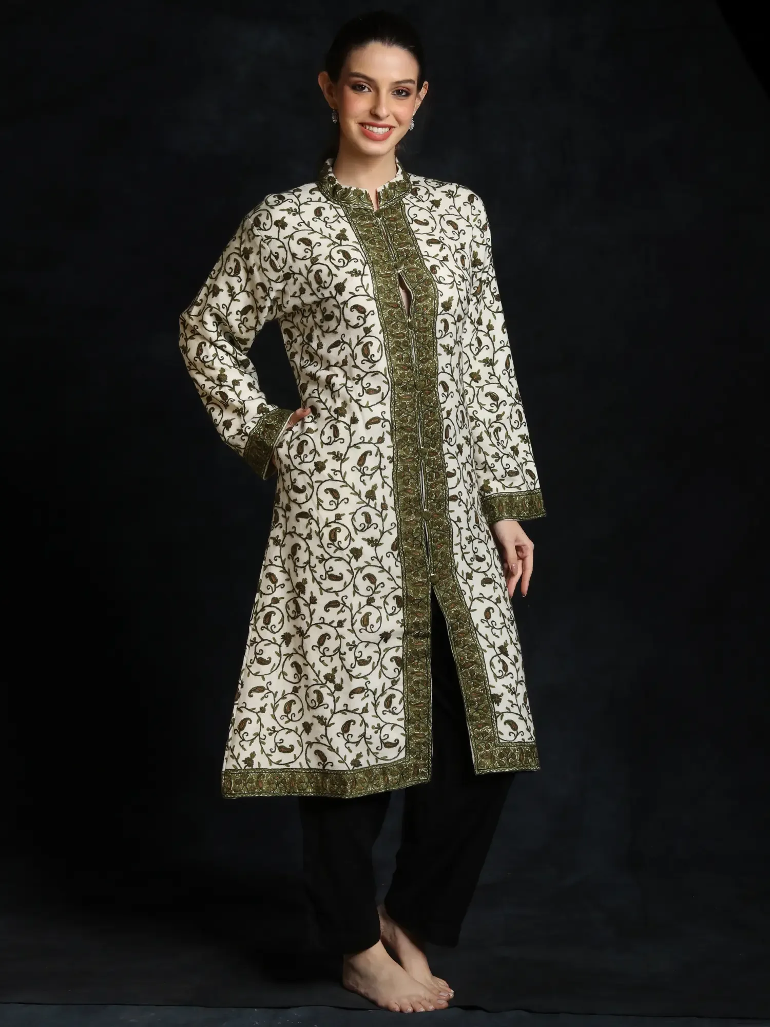 Lucent-White Paisley Jaal Pattern Hand Aari-Embroidered Pure Wool Long Jacket, alternate view