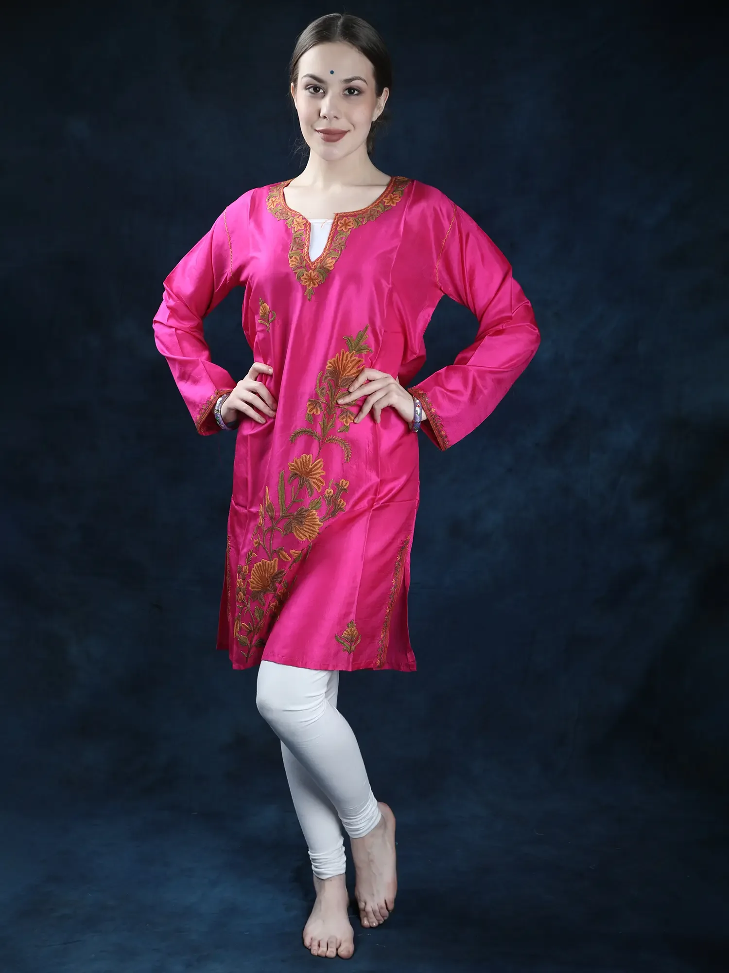 Magenta Pure Silk Kashmiri Kurti with Floral Aari Embroidery by Hand