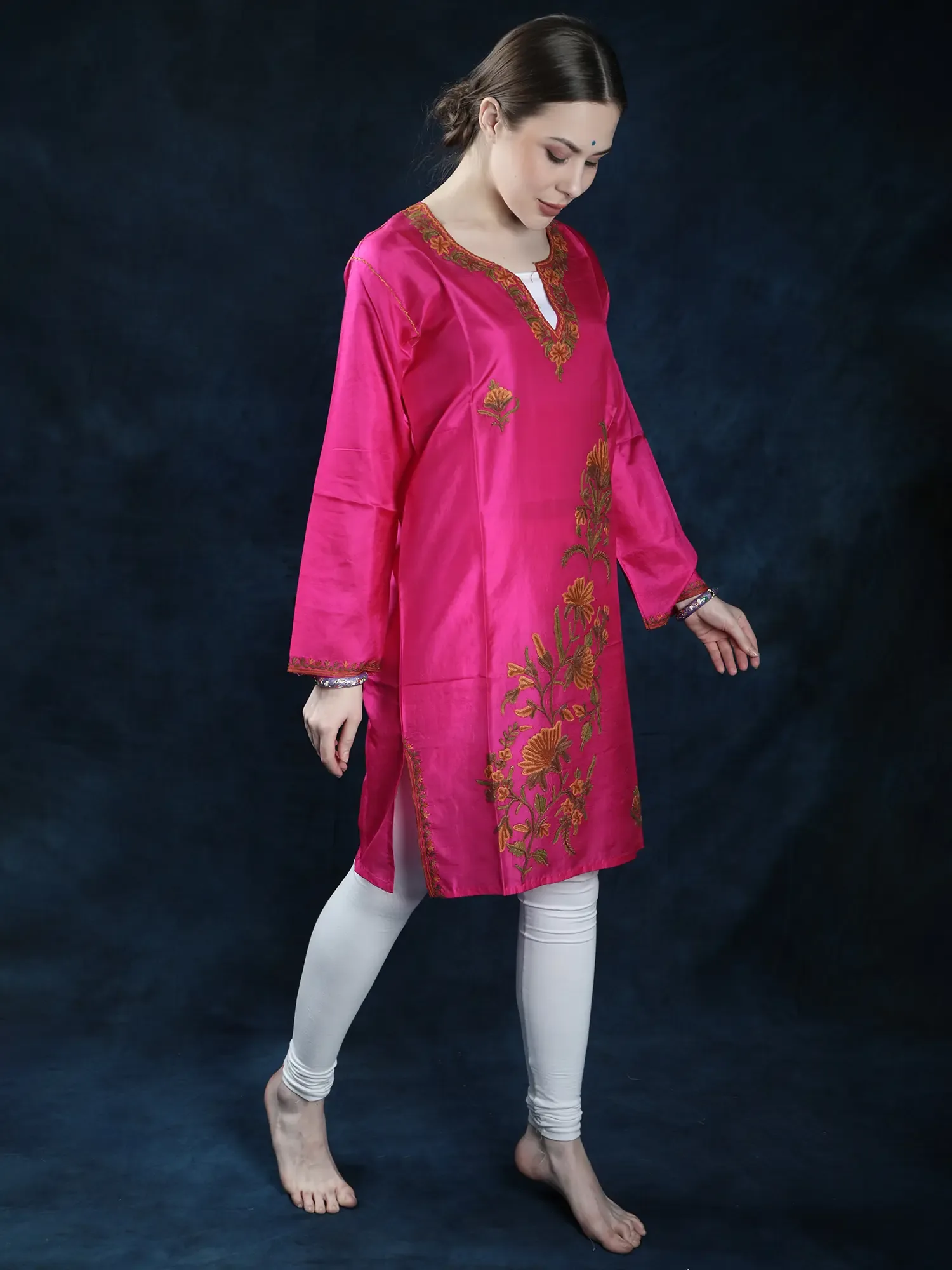 Magenta Pure Silk Kashmiri Kurti with Floral Aari Embroidery by Hand, alternate view
