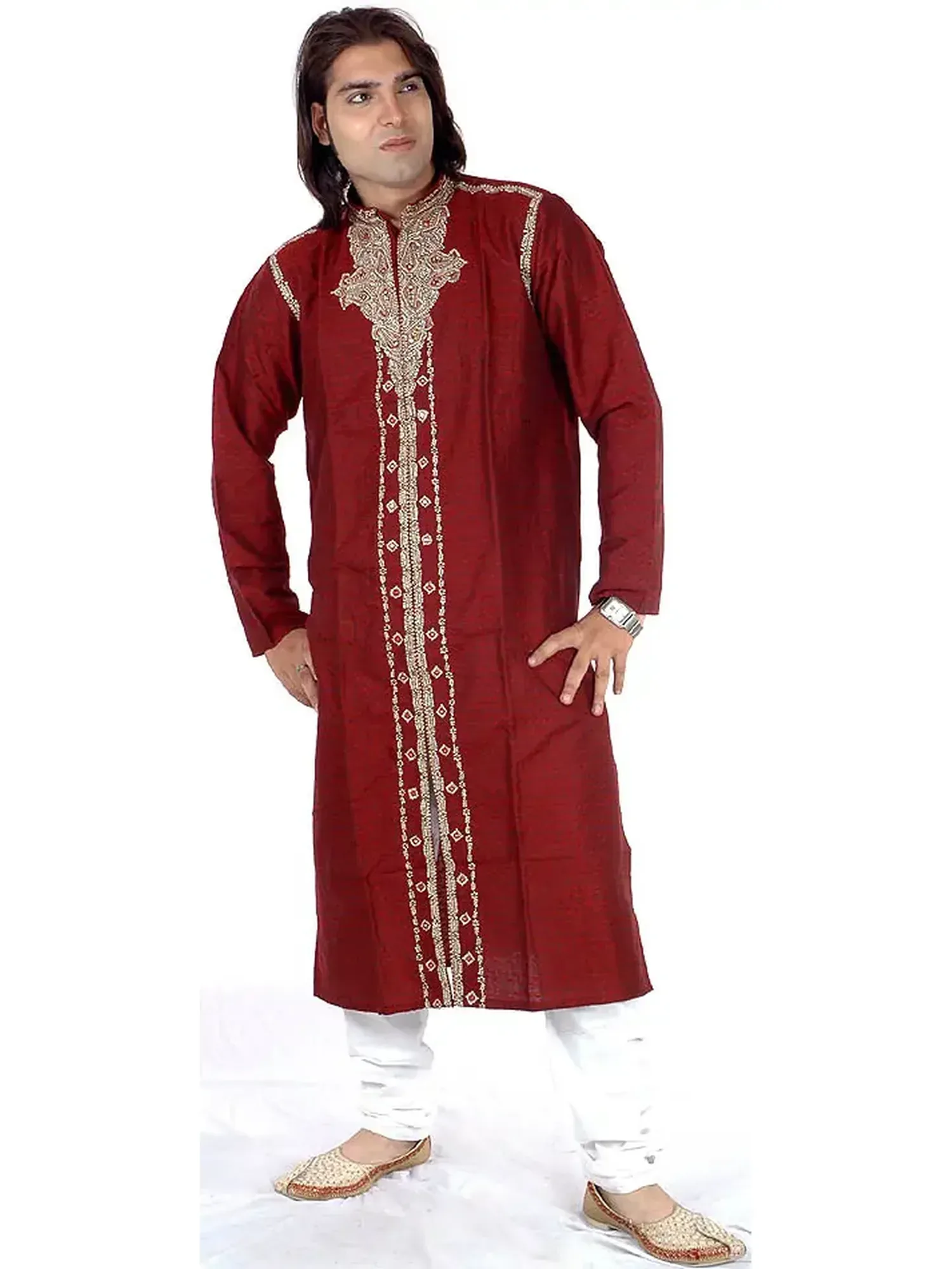 Maroon Achkan with Embroidered Paisleys and Self-Design