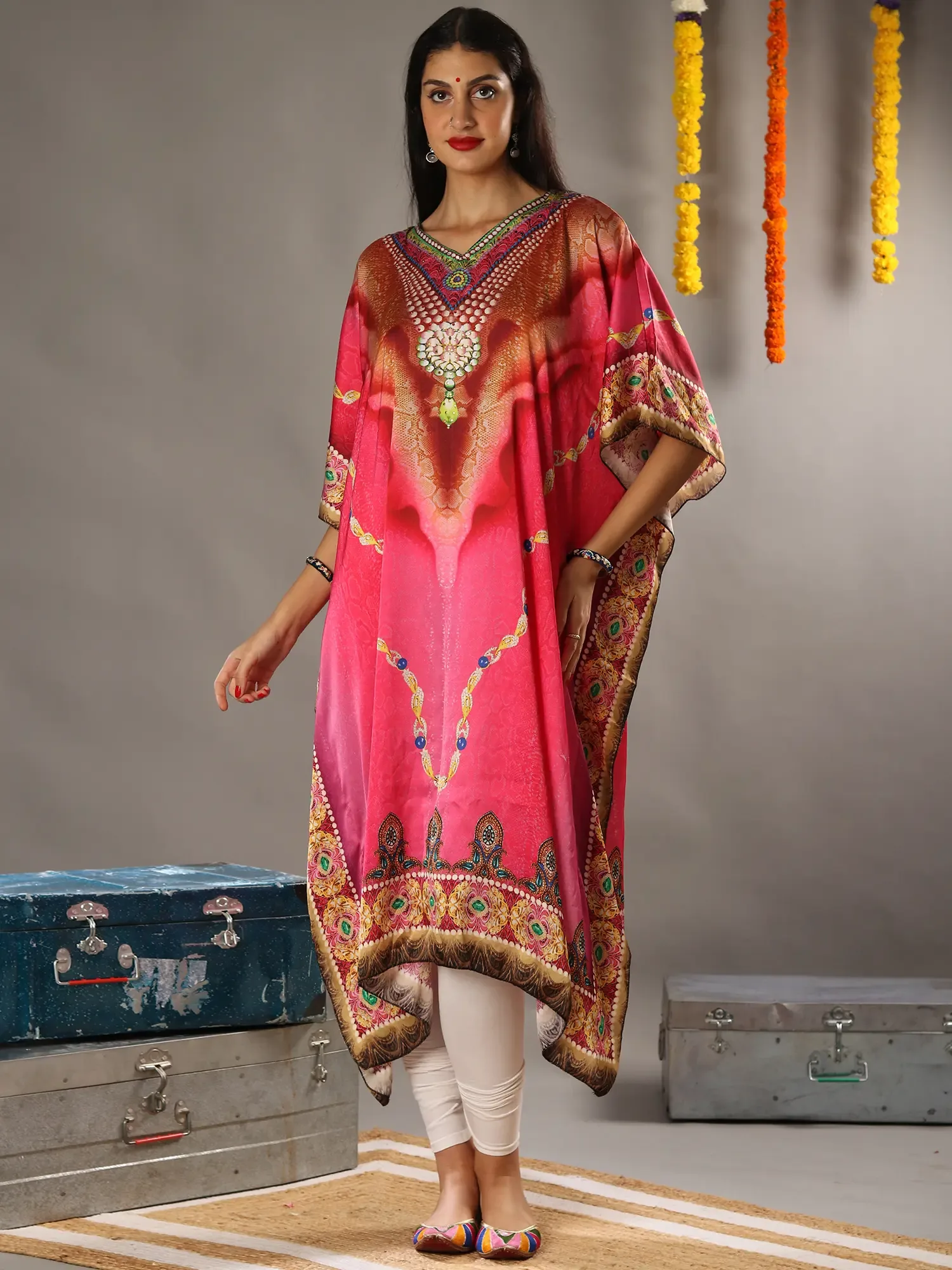 Mediterranian Multicolored Print Fuscia Pink Satin Kaftan with Studded work on the Neck