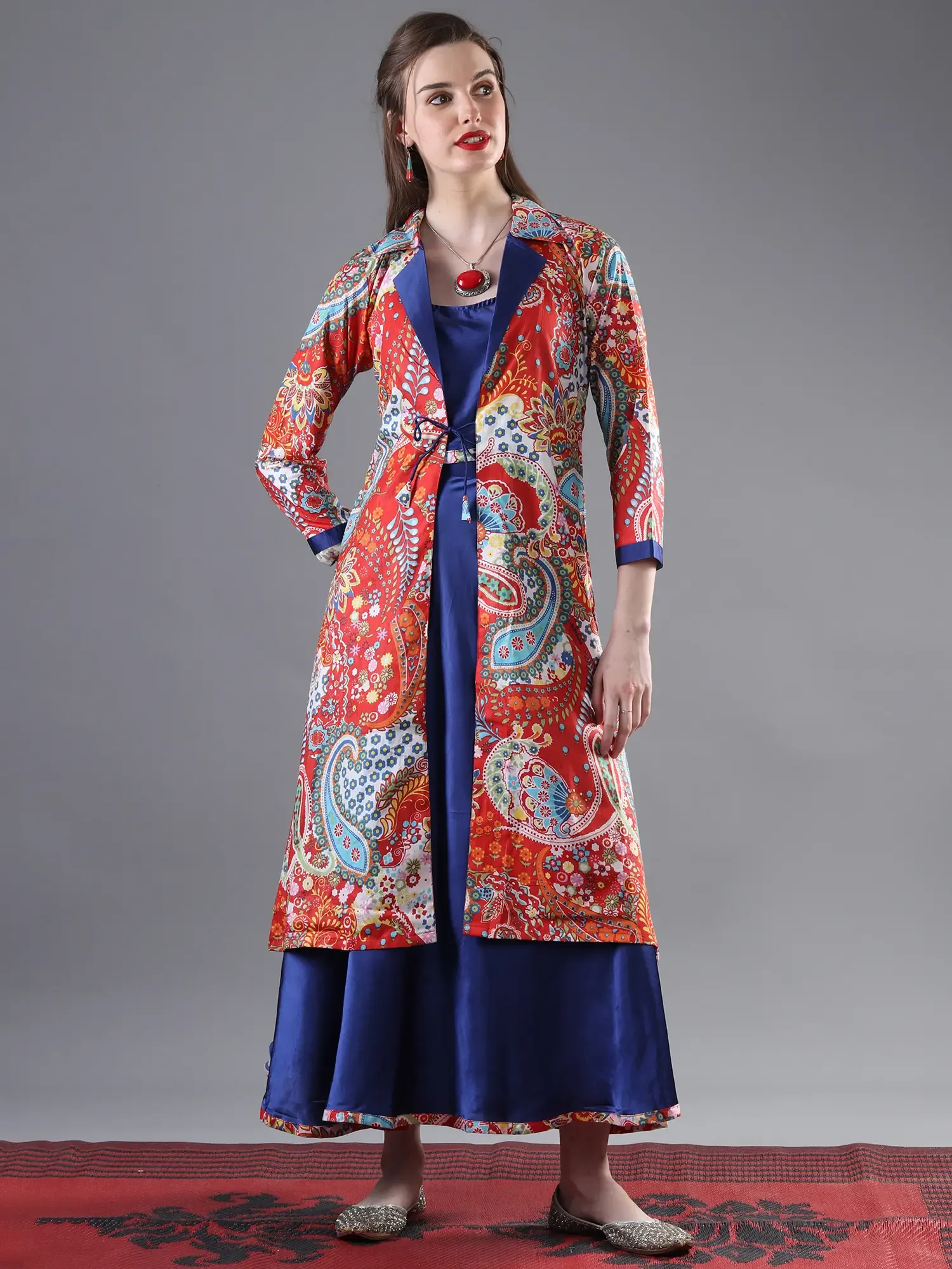 Multicolor Kalka Printed Cotton Notch Collar Long Jacket With Royal-Blue Satin Crop-top And Skirt - Three Piece Set