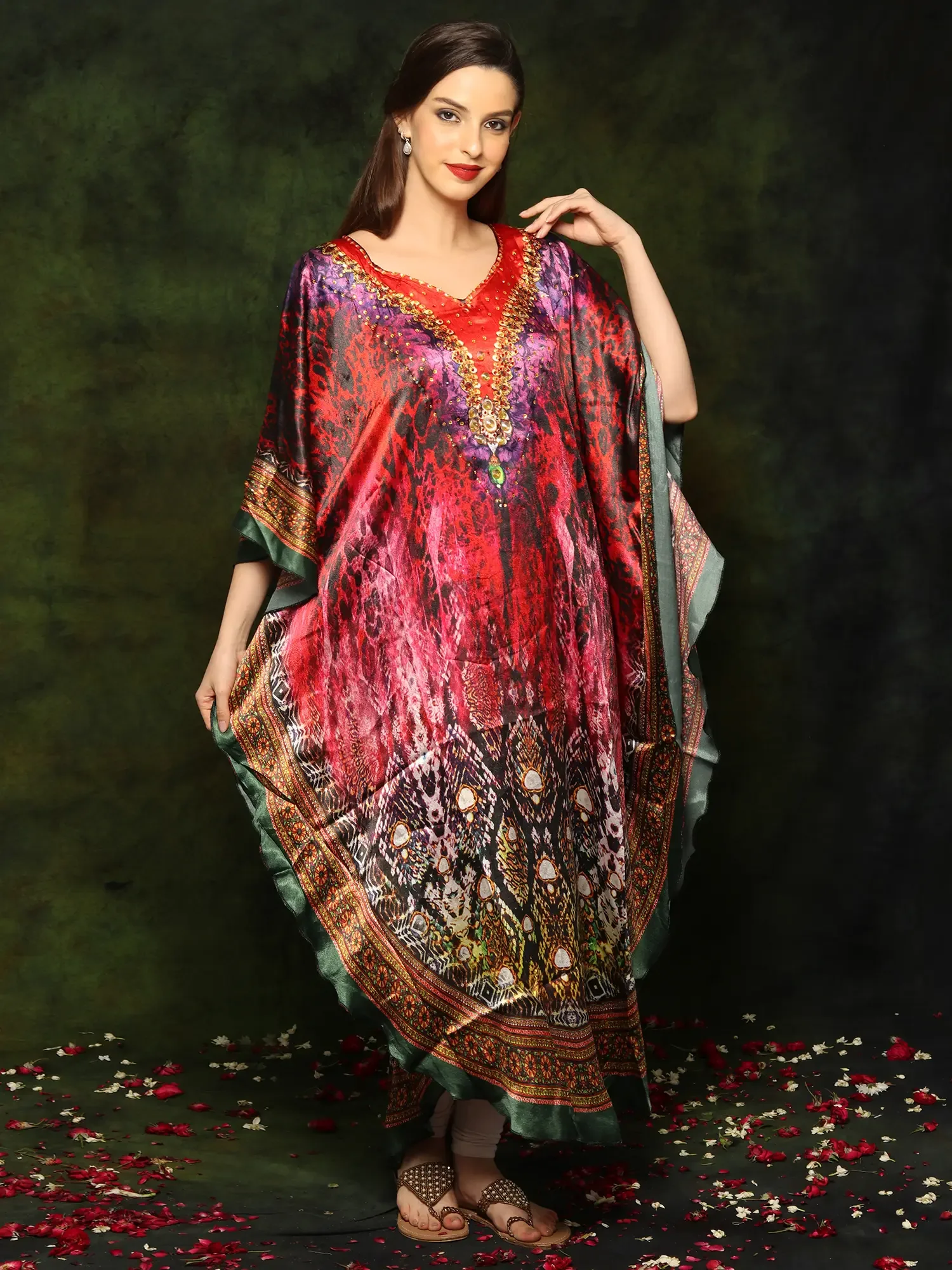 Multicolored Satin Kaftan with Mediterranian Print and Studded Stones