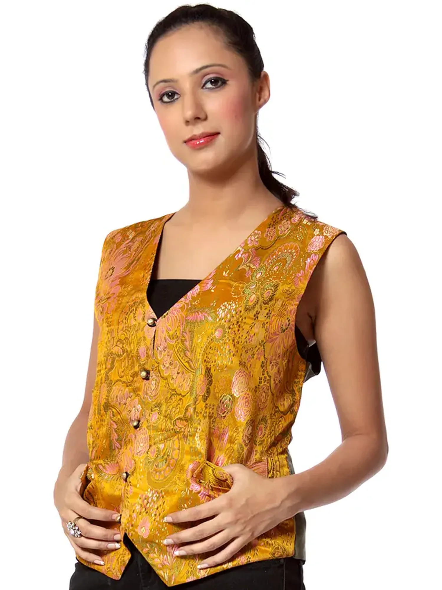 Mustard Brocaded Waistcoat from Nepal