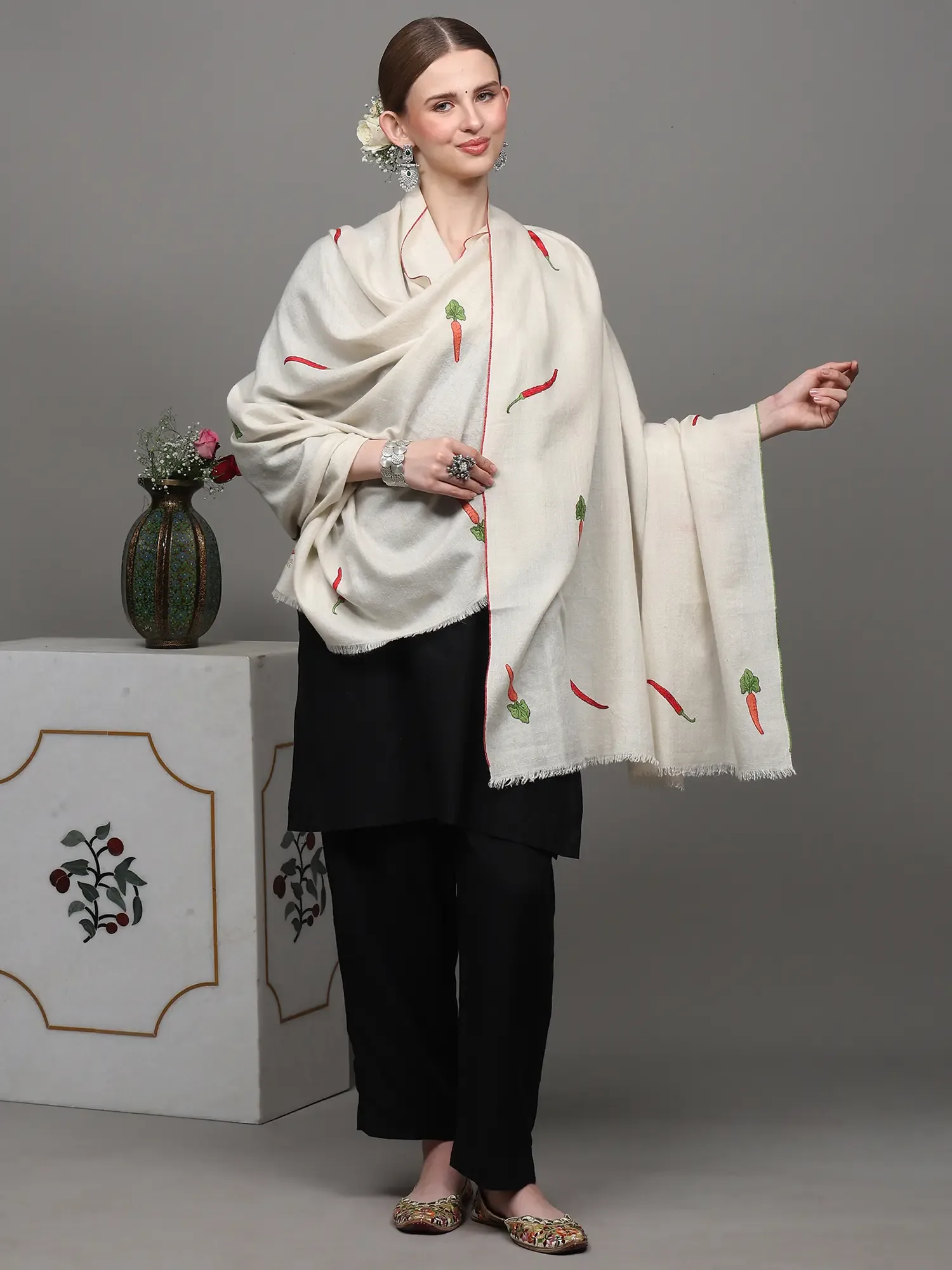 Off-White Pure Pashmina Shawl with Chilly and Carrot Embroidery, alternate view