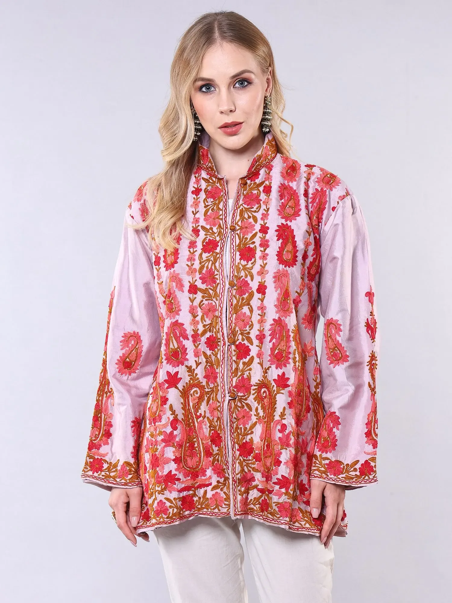 Orchid-Ice Pure Silk Short Jacket from Srinagar with Hand-Embroidered Flowers and Paisleys