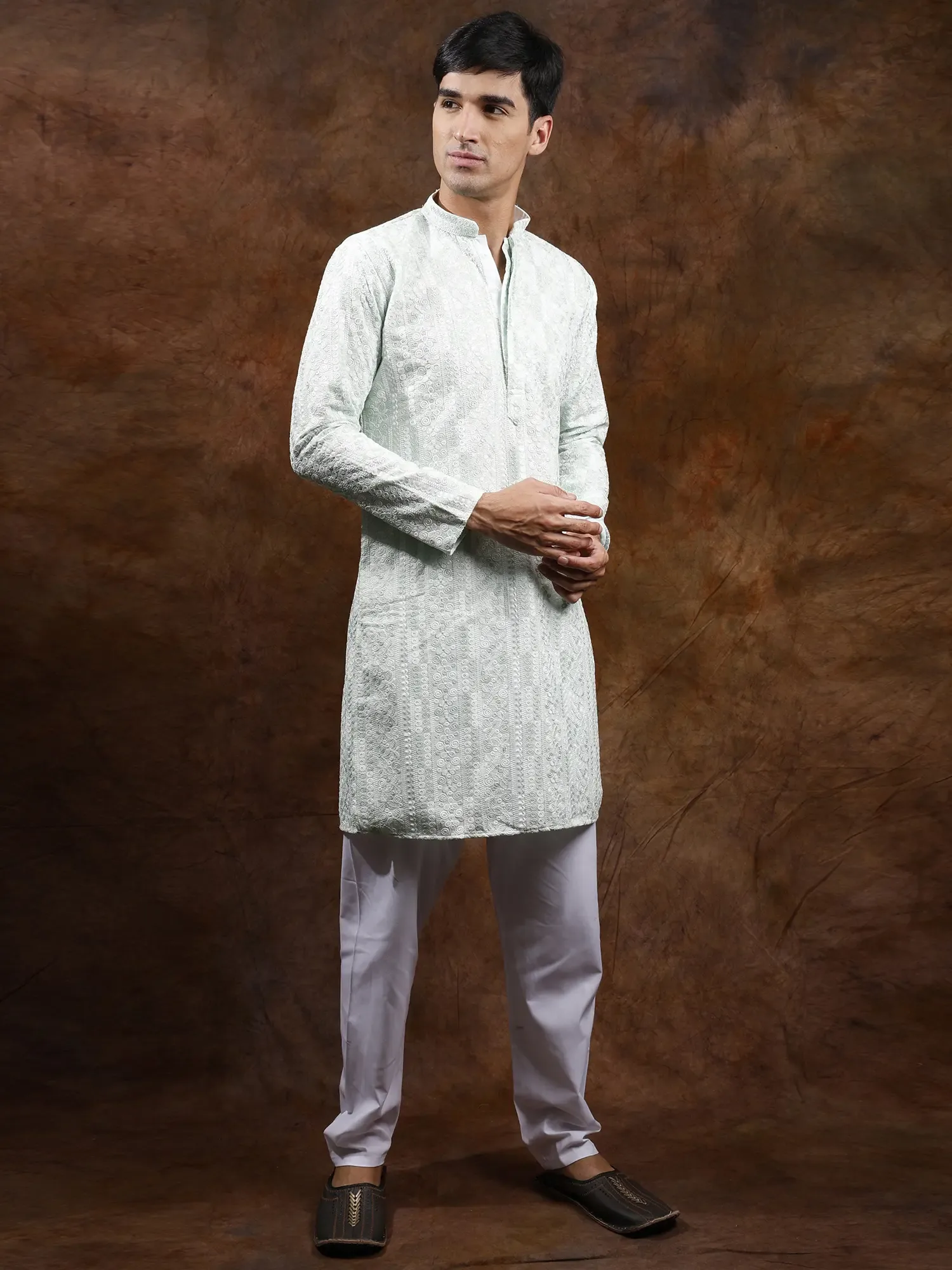 Pastel Kurta Pajama Set with Chikankari Embroidery All-Over, alternate view