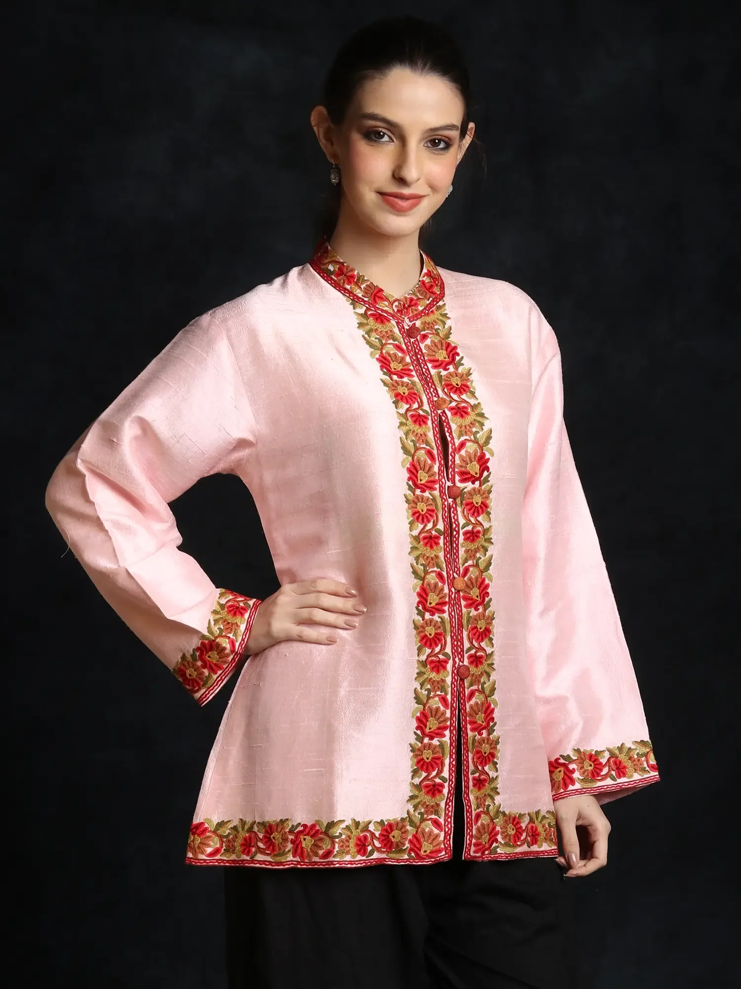 Pink-Salt Floral Pure Silk Short Jacket with Aari Embroidery by Hand, alternate view