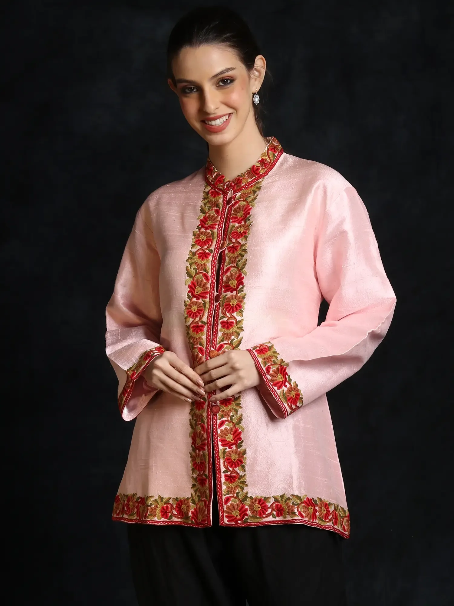 Pink-Salt Floral Pure Silk Short Jacket with Aari Embroidery by Hand