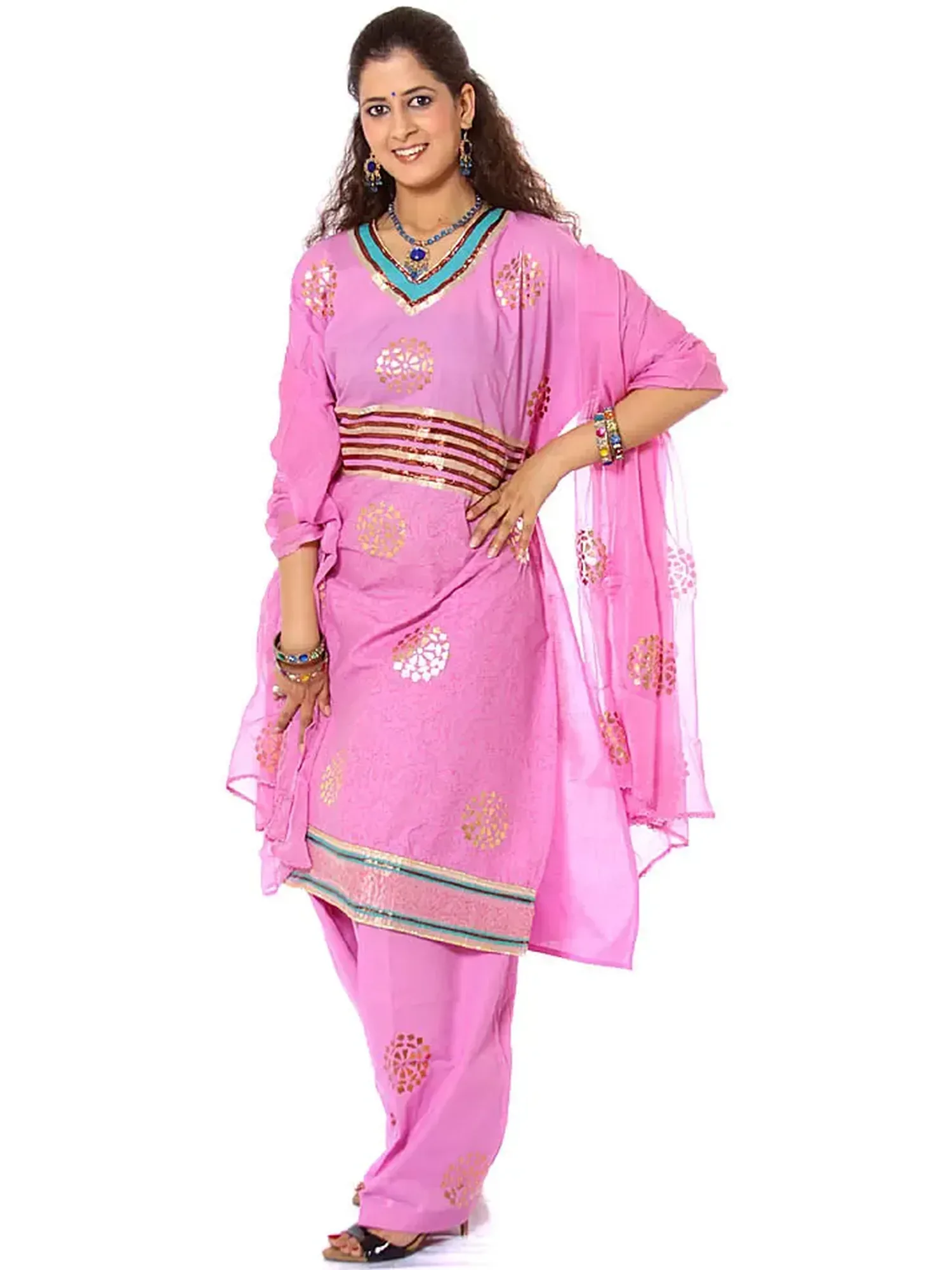 Pink Salwar Kameez Fabric with Painted Bootis and Gota Work
