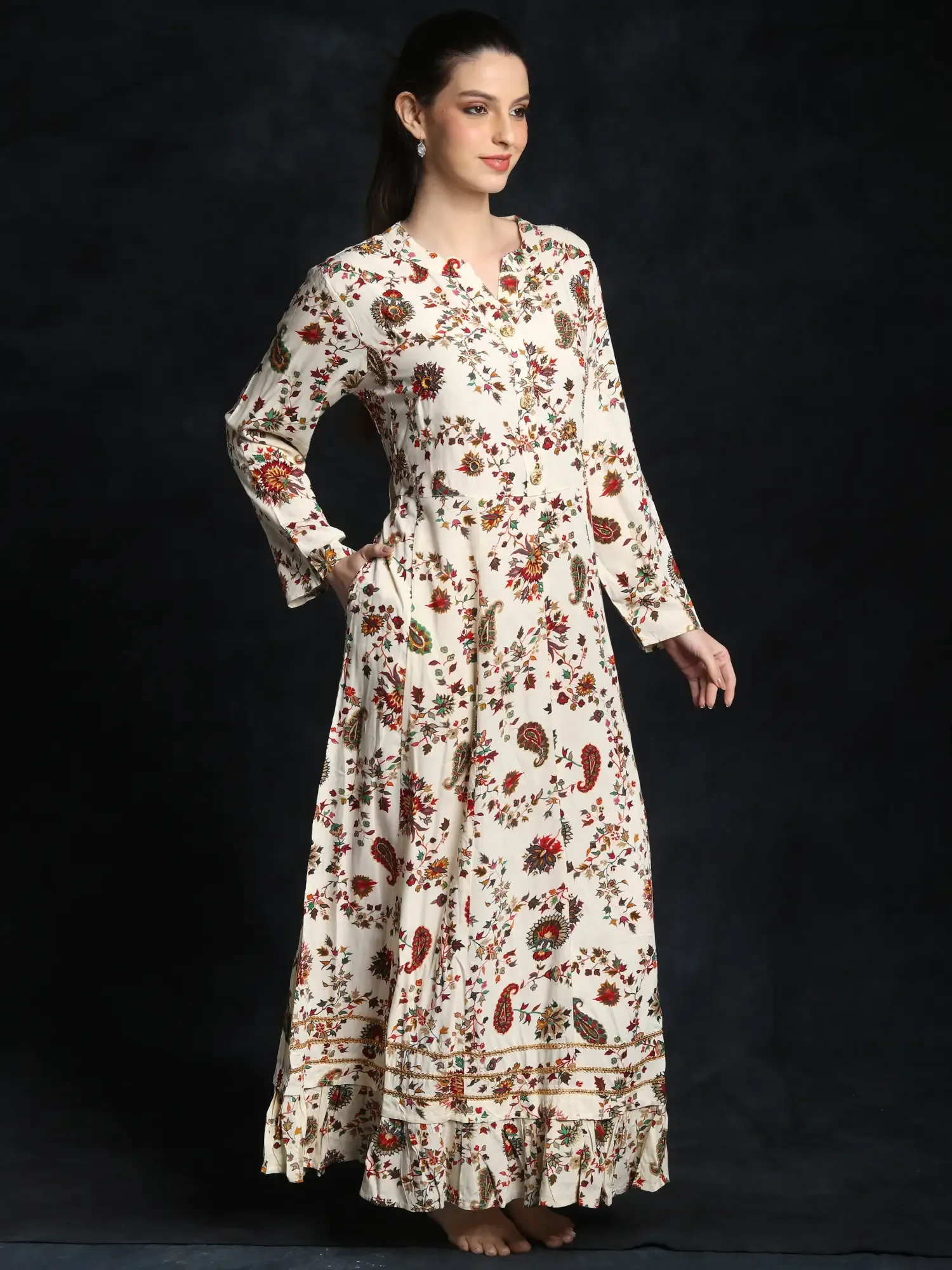 Poly Cotton Floral Paisley Vine Pattern Printed Gown with Bead-Mirror Embroidery, alternate view