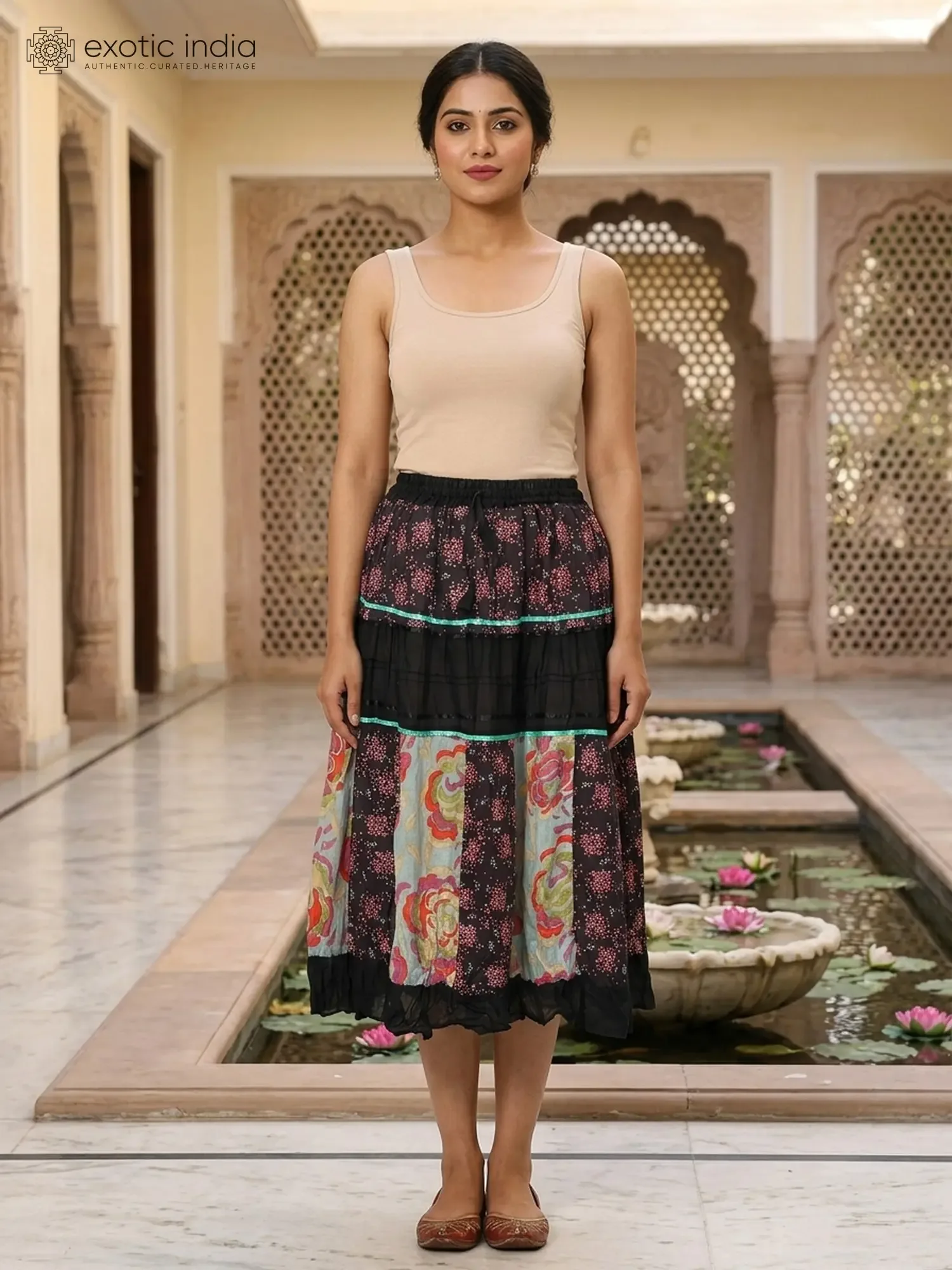 Printed Elastic Long Skirt with Ruffle Border