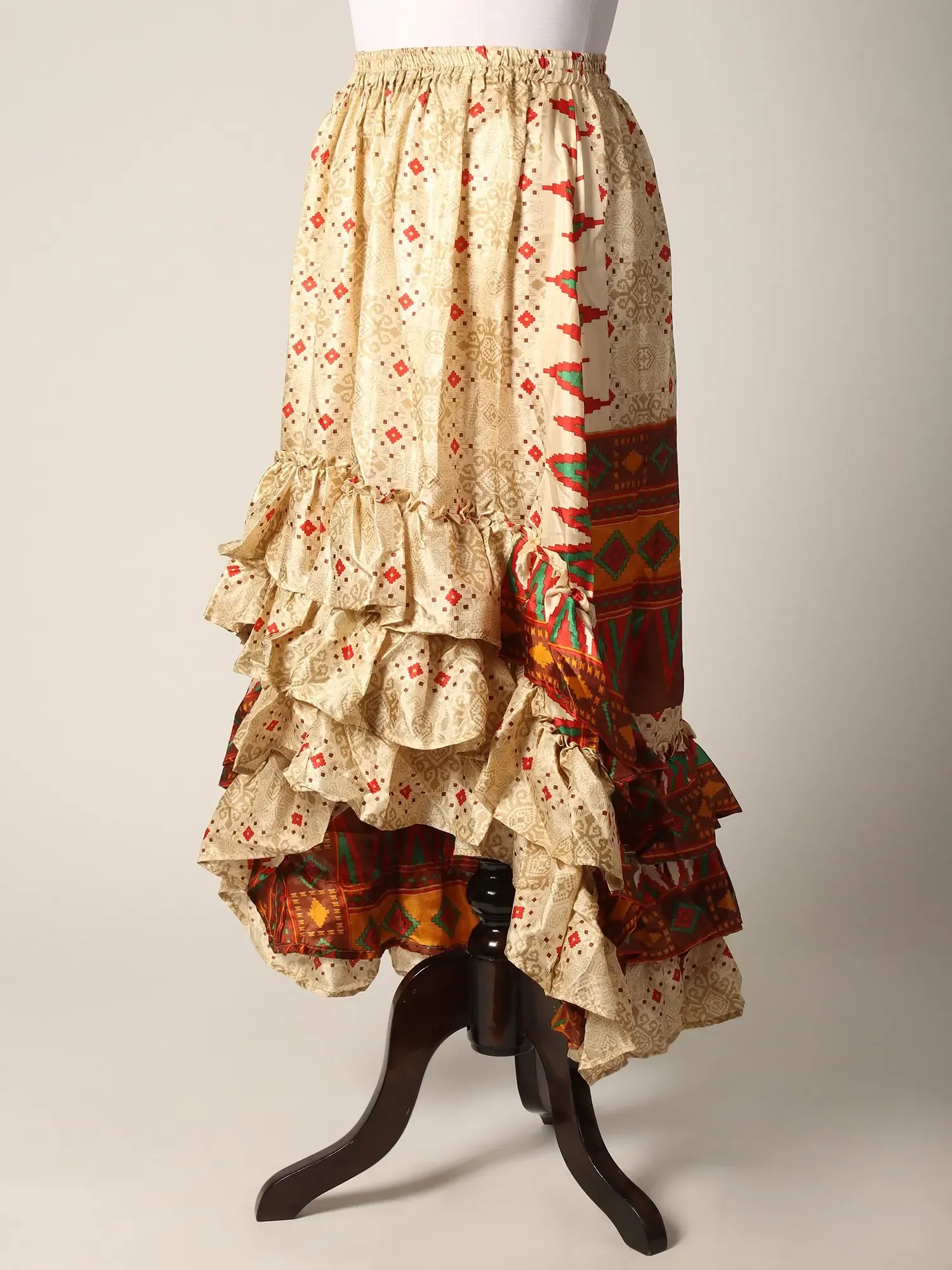 Printed Silk A-Line Skirt with High-Low Ruffled Hem, alternate view