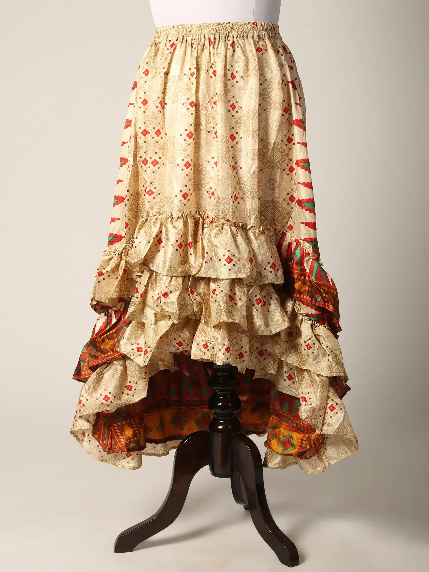 Printed Silk A-Line Skirt with High-Low Ruffled Hem
