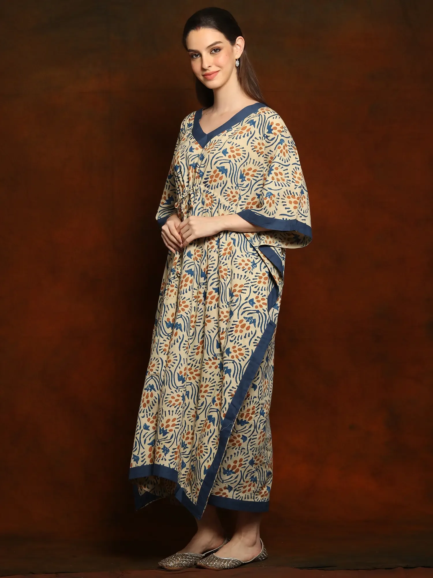Pure Beige Printed Cotton Long Kaftan with Blue V-neck, alternate view
