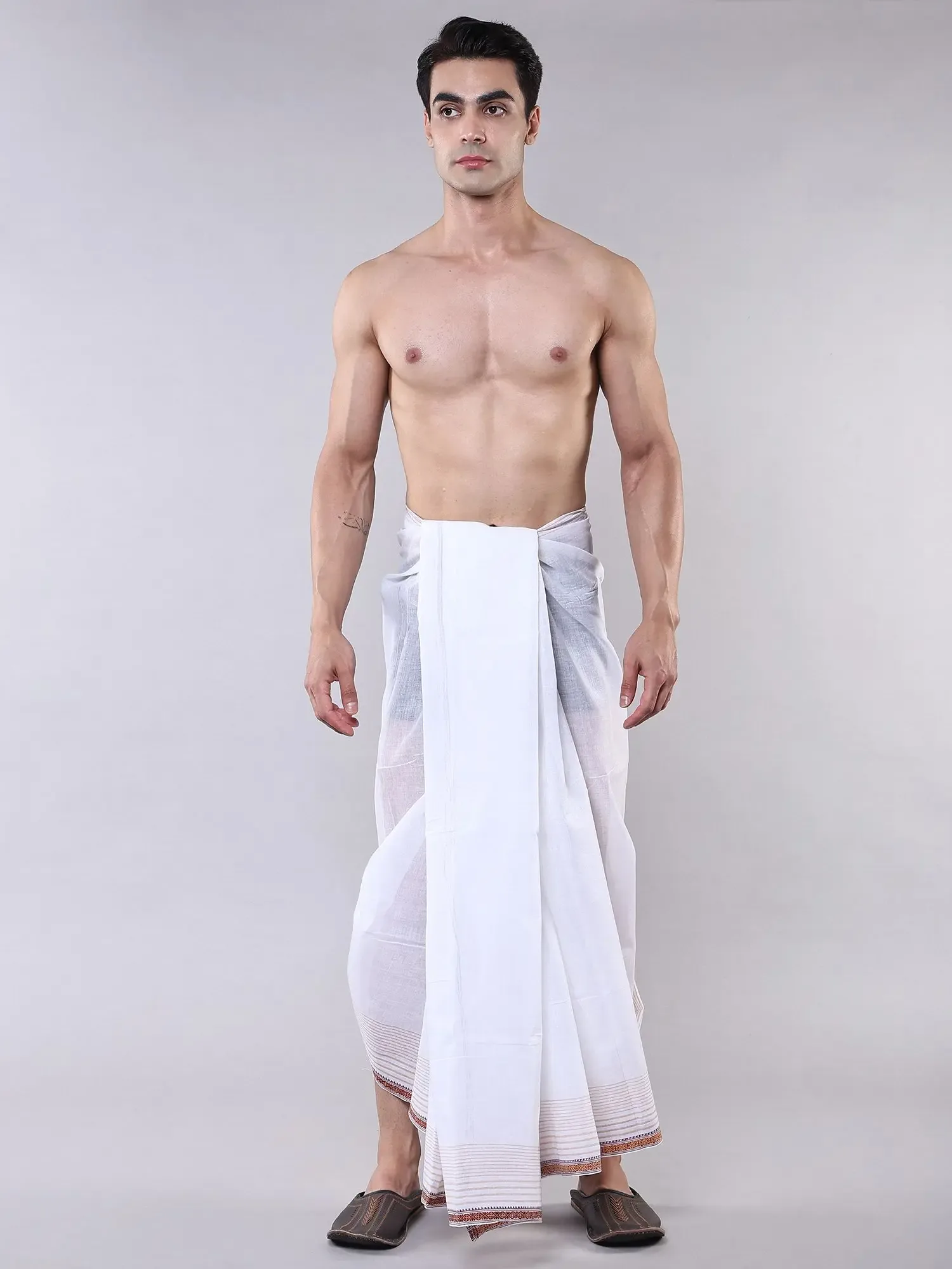 Pure Cotton Cotton Plain Dhoti with Stripes and Thread woven Border from Bengal
