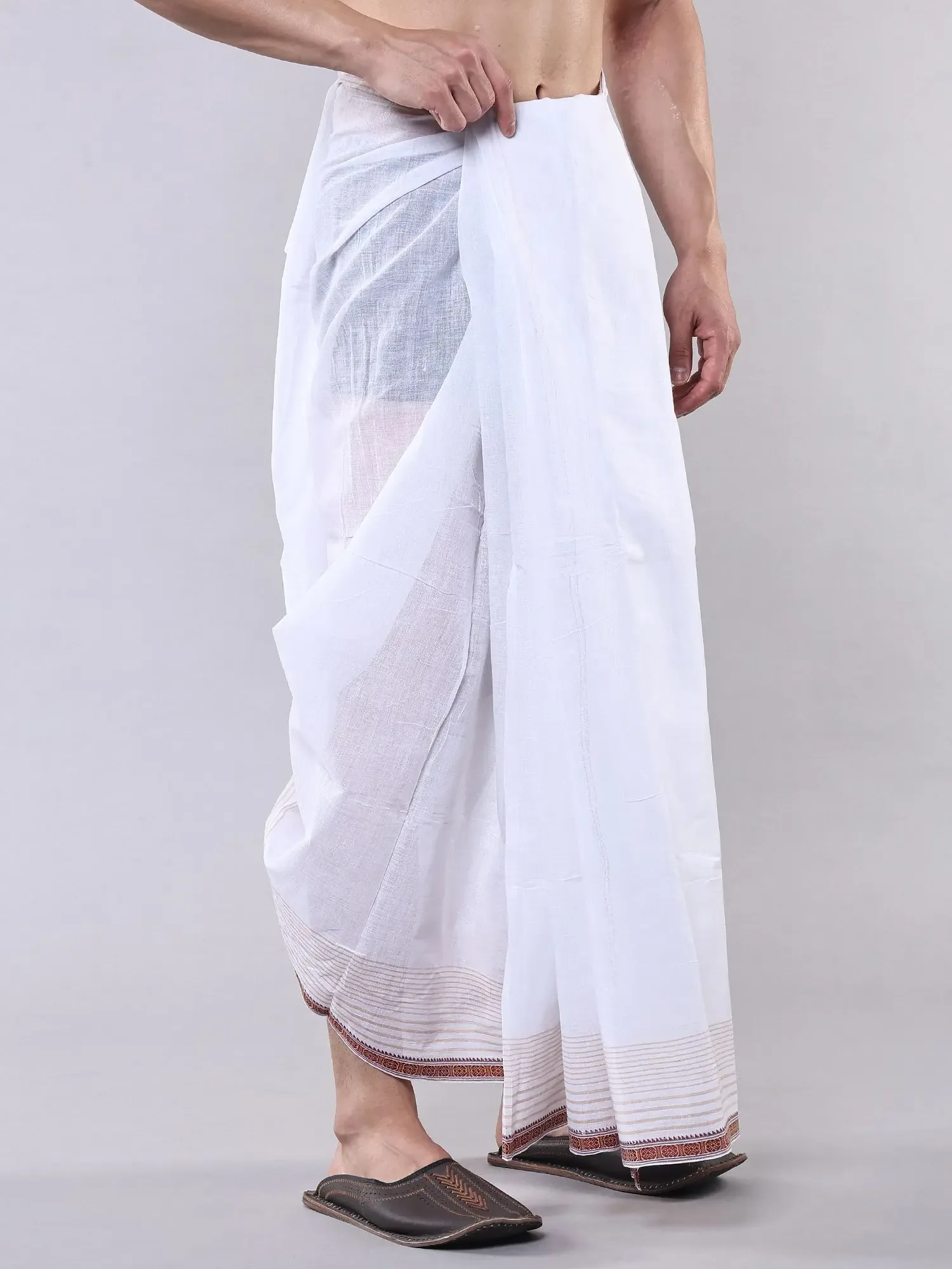 Pure Cotton Cotton Plain Dhoti with Stripes and Thread woven Border from Bengal, alternate view