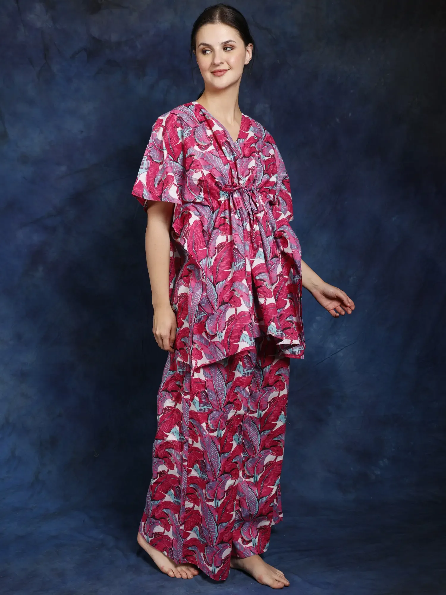 Pure Cotton Kaftan Style Co-Ord Set with All-Over Leaf Print, alternate view