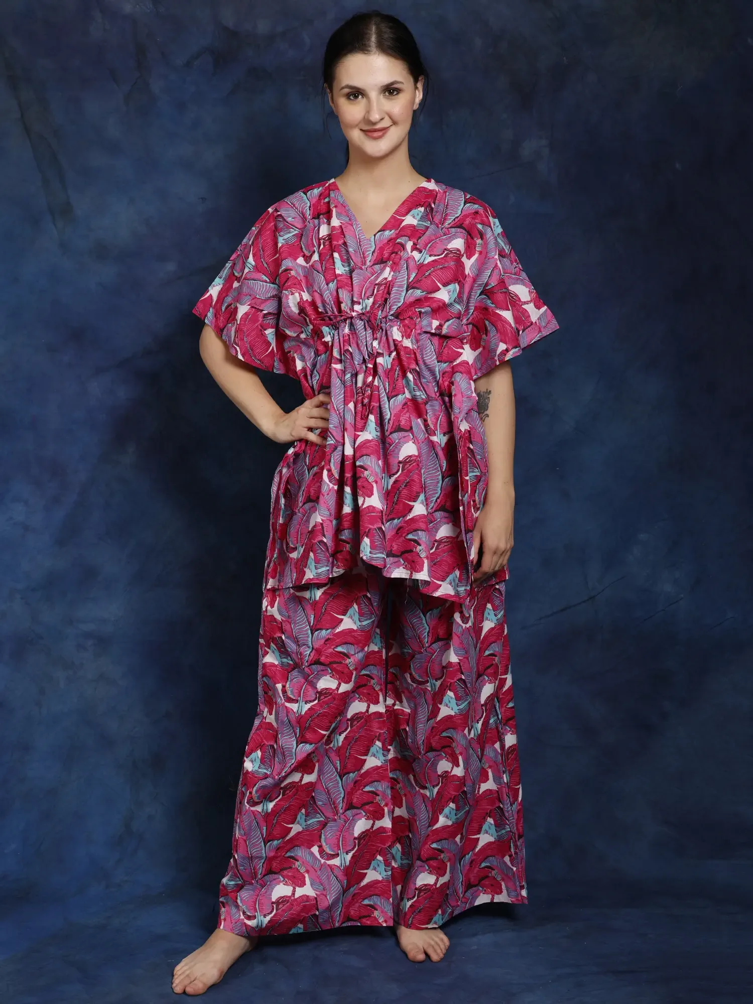 Pure Cotton Kaftan Style Co-Ord Set with All-Over Leaf Print