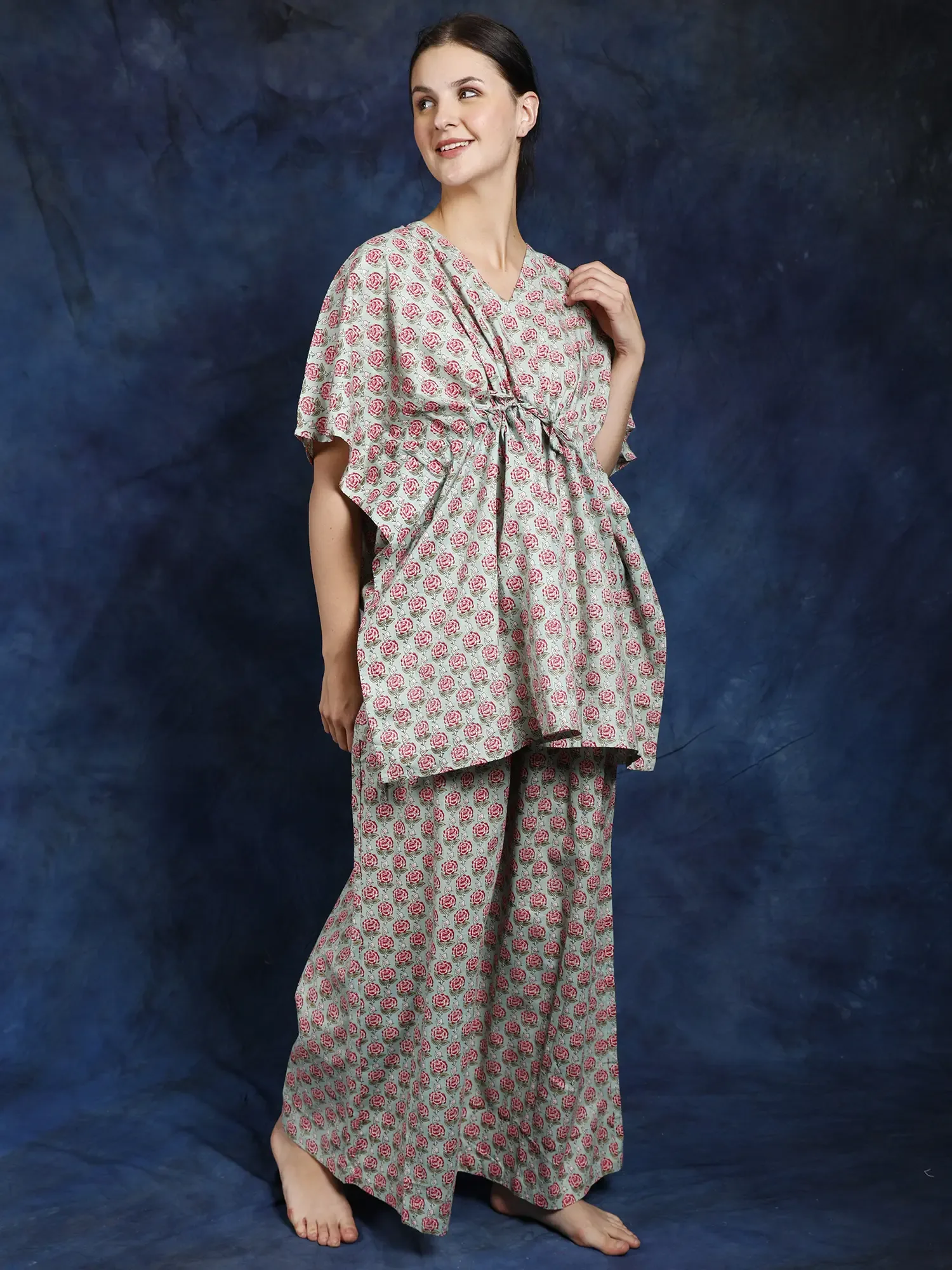 Pure Cotton Kaftan Style Co-Ord Set with Printed Floral Bootis, alternate view