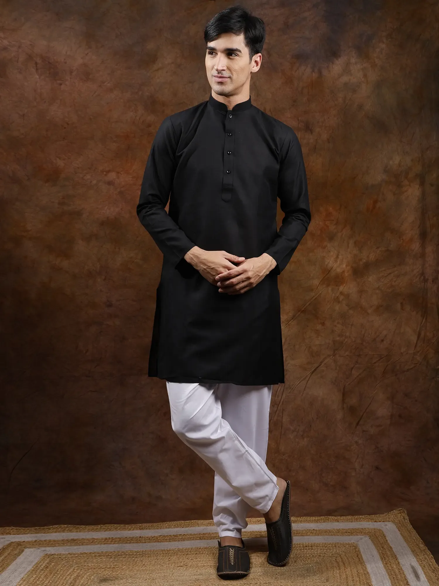 Pure Cotton Plain Casual Kurta with Elastic Waist White Pajama, alternate view