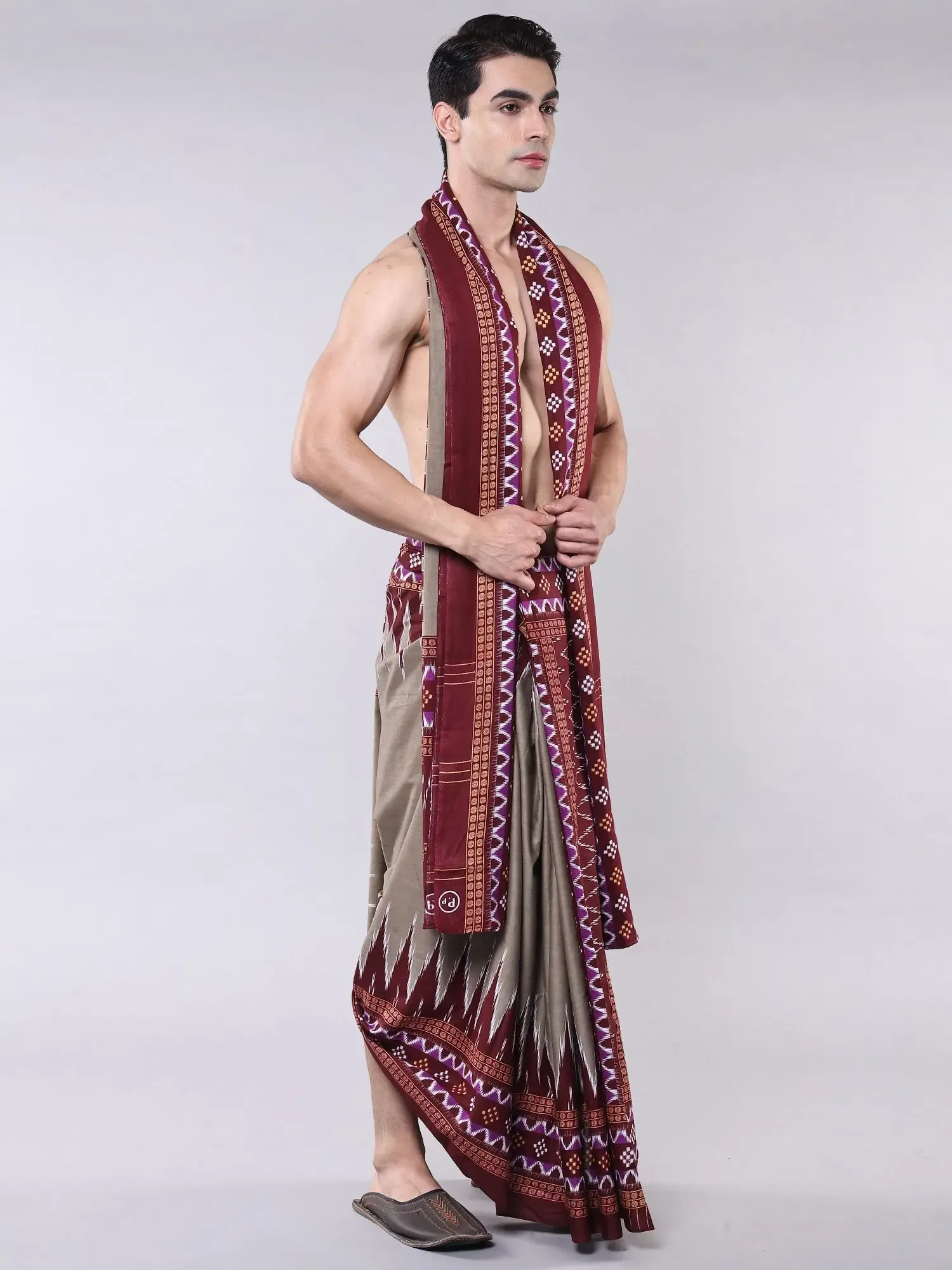 Pure Cotton Sambalpuri Dhoti and Angavastram Set with Ikat Printed Temple Border, alternate view