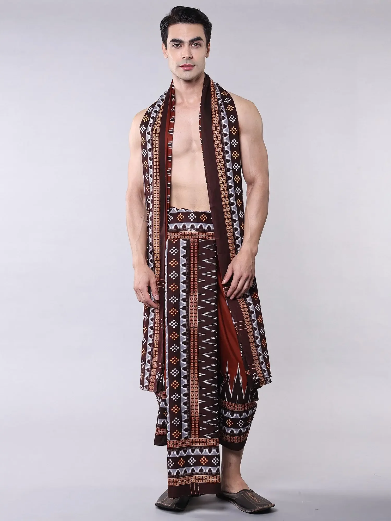 Pure Cotton Sambalpuri Dhoti and Angavastram Set with Ikat Printed Temple Border