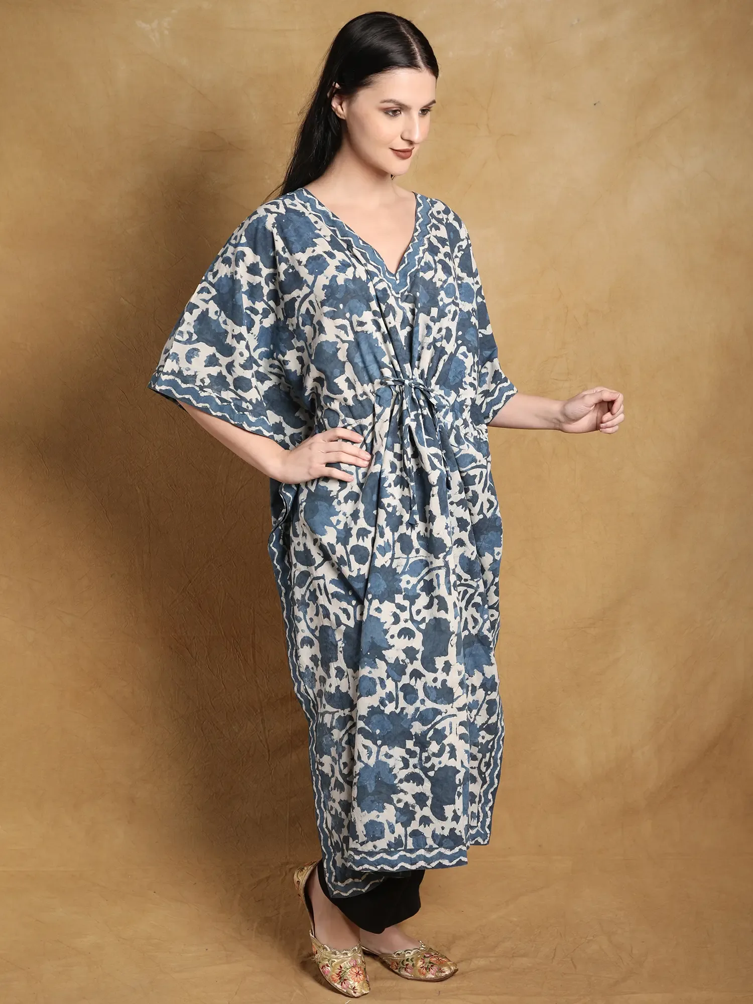 Pure Cotton Short Kaftan with Bagru Floral Print, alternate view