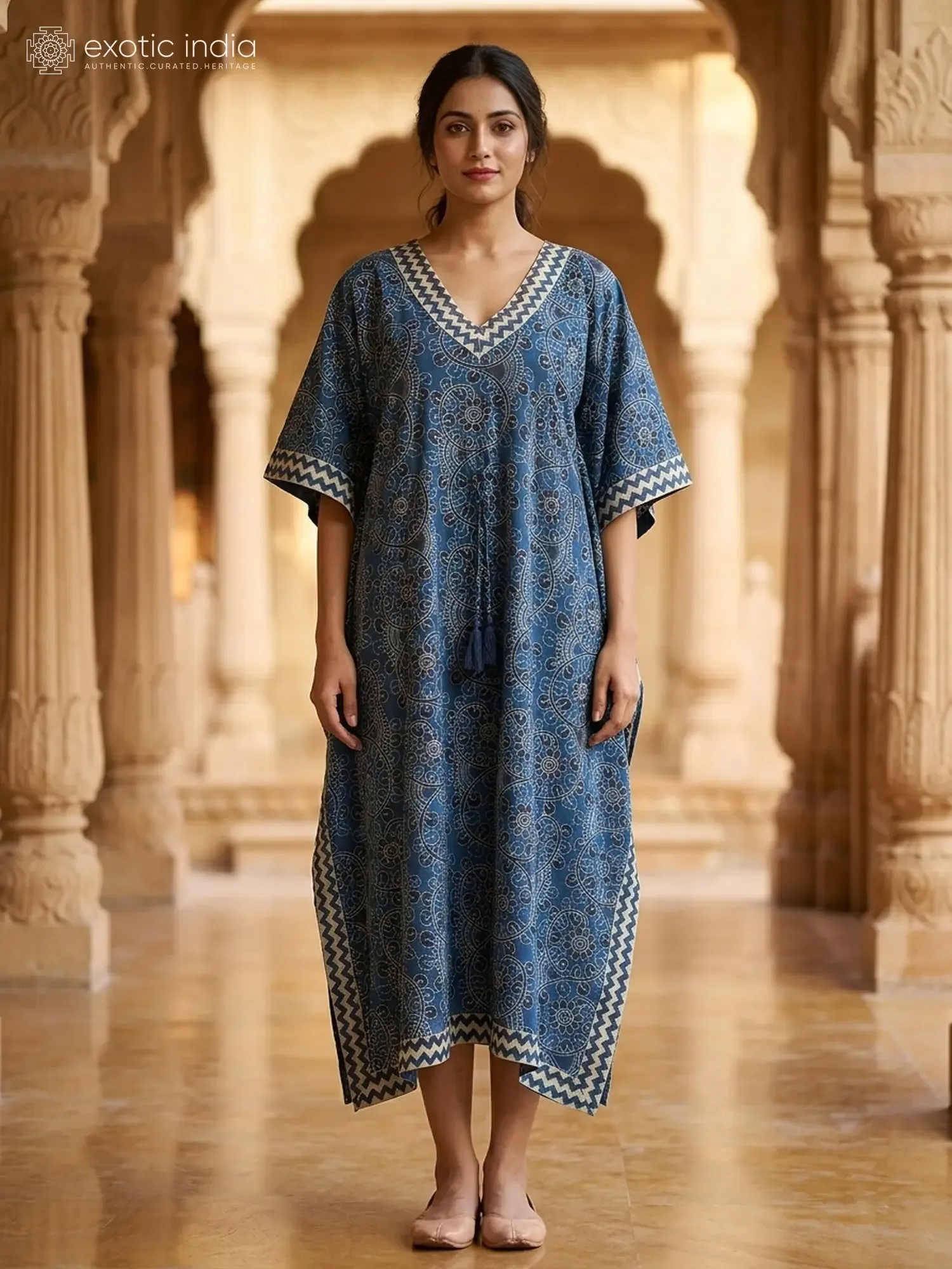 Pure Cotton Short Kaftan with Bagru Floral Print