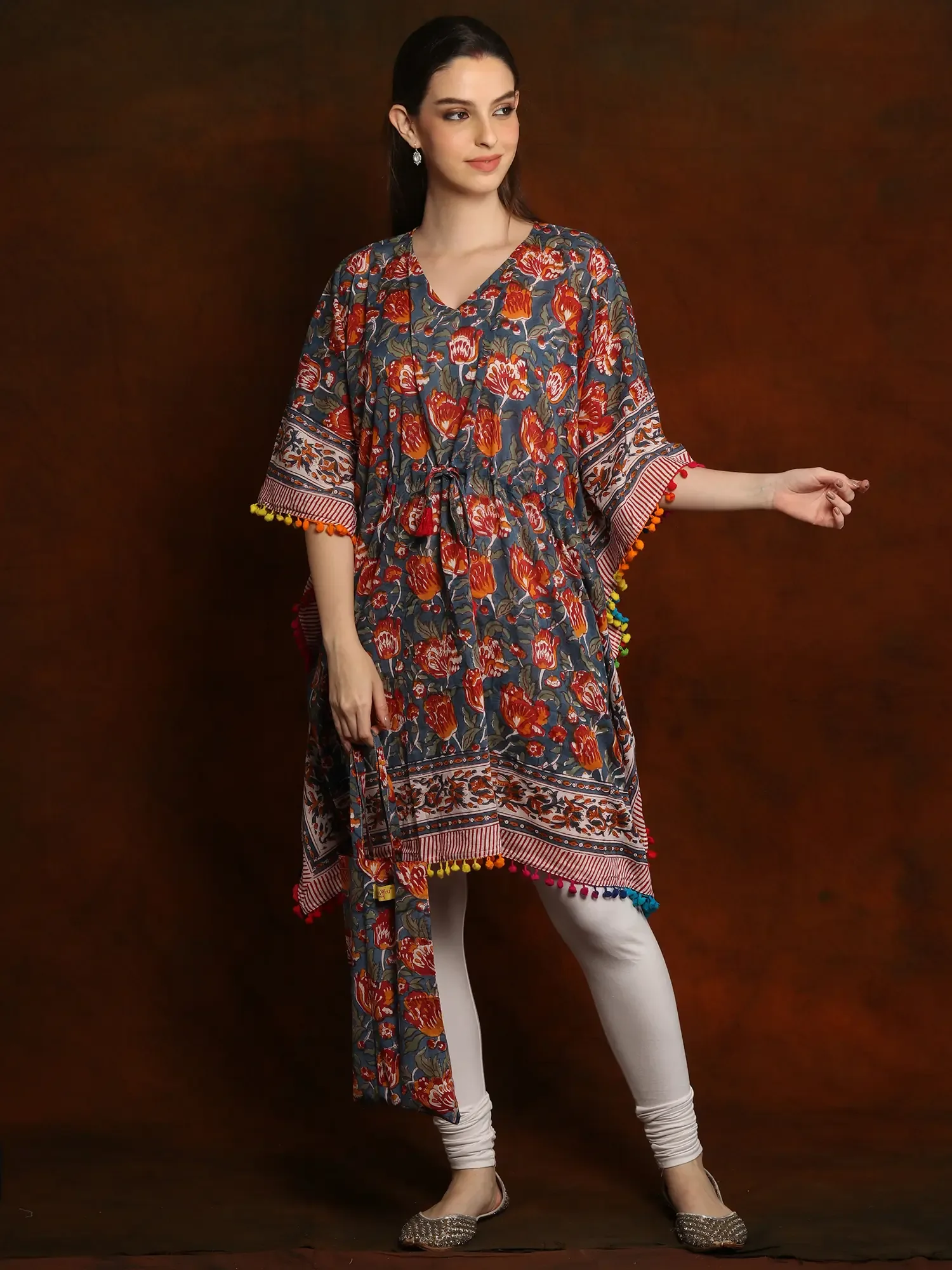 Pure Cotton Short Kaftan with Pom Poms and Cotton Bag
