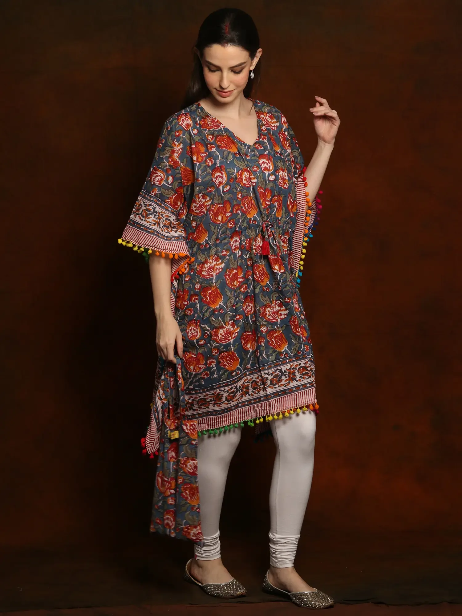 Pure Cotton Short Kaftan with Pom Poms and Cotton Bag, alternate view