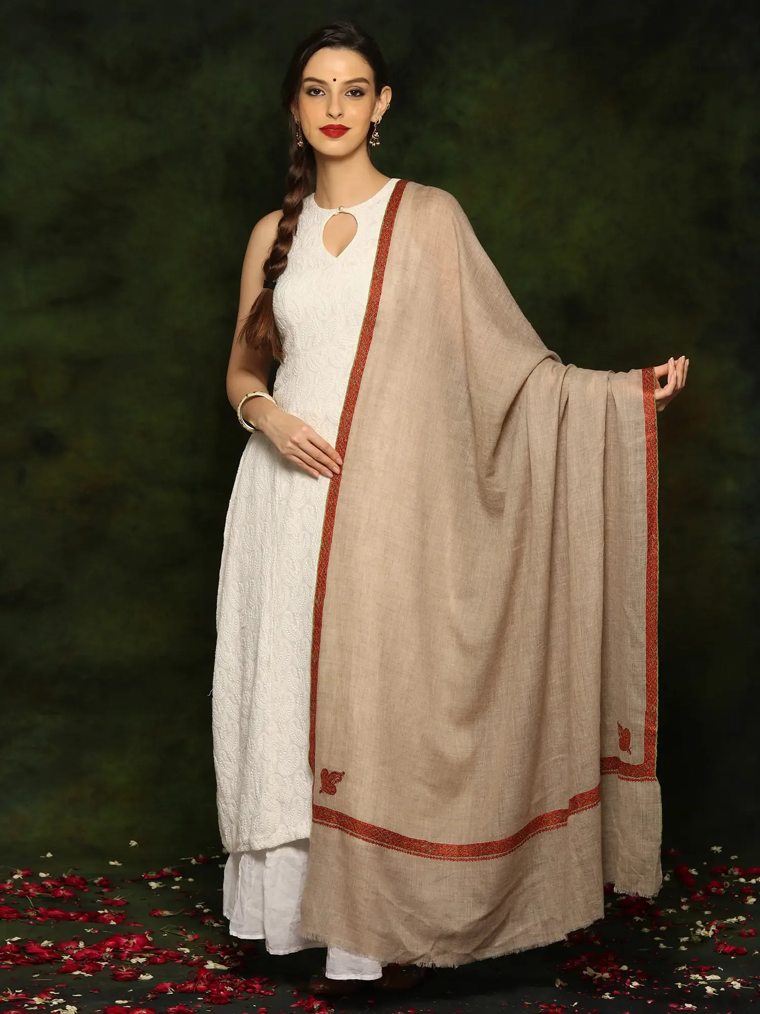 Pure Pashmina Natural Color Sozni Border Shawl from Kashmir