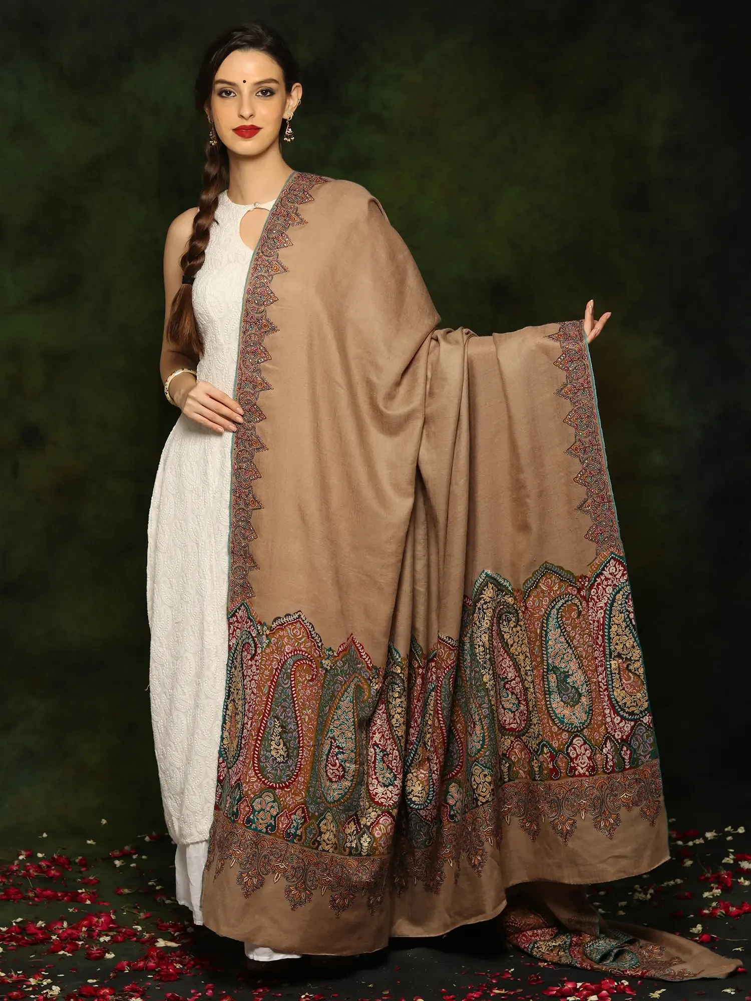 Pure Pashmina Sozni Embroidery Natural Color Palledar Shawl from Kashmir