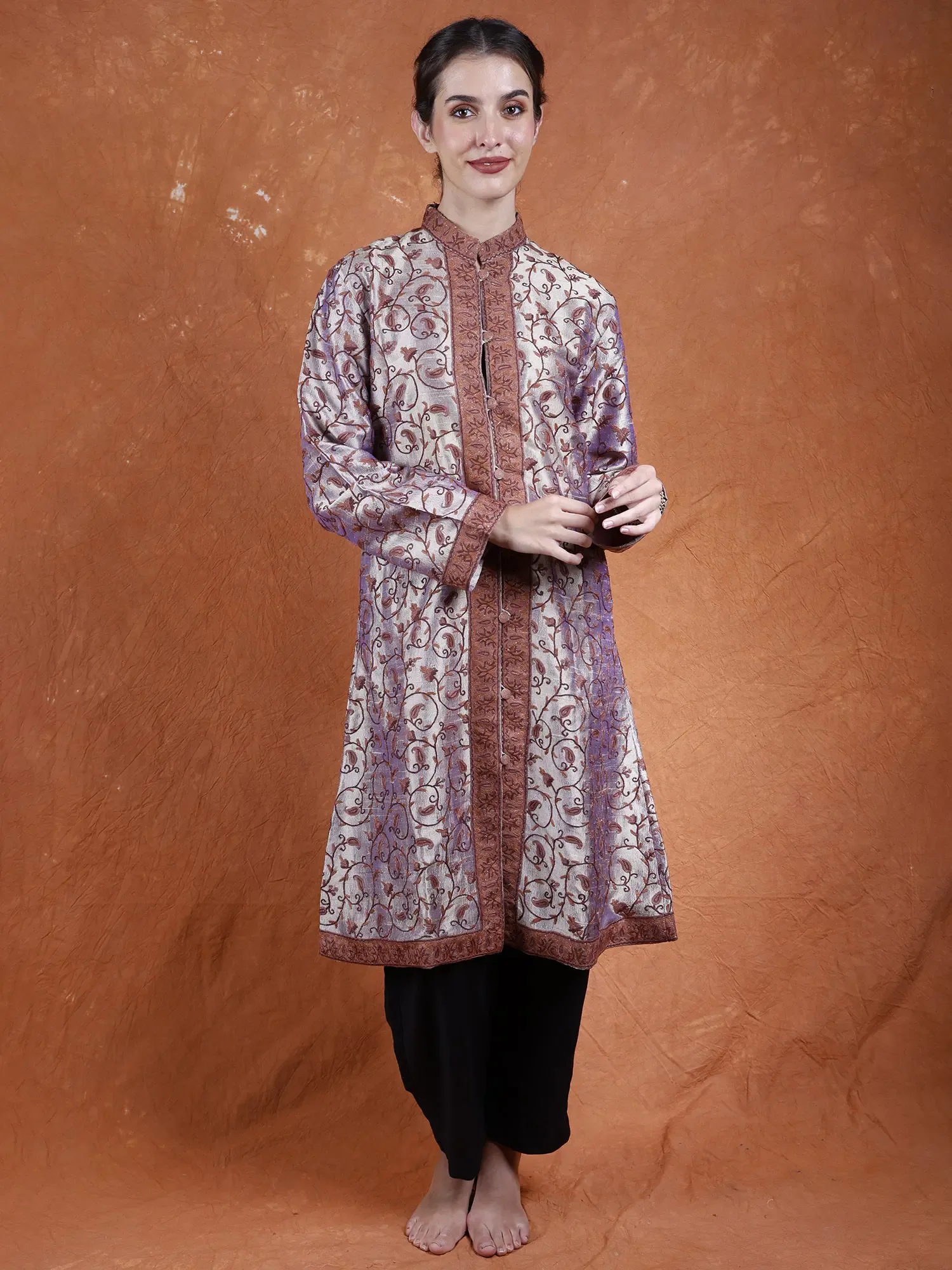 Pure Silk Paisley Jaal Hand-Aari Embroidered Long Jacket from Kashmir