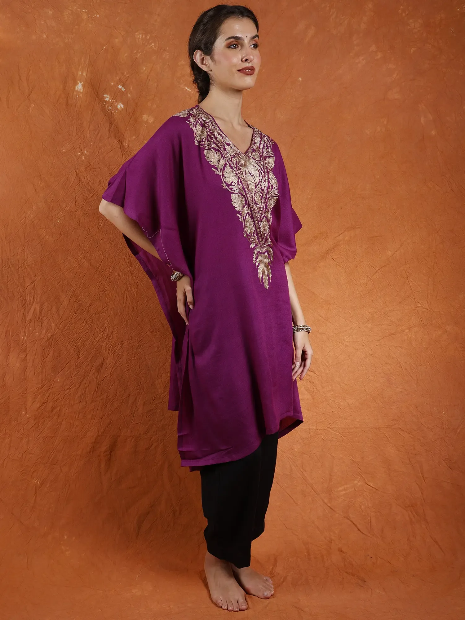 Pure Wool Kashmiri Short Kaftan with Tilla Embroidery on Neck, alternate view